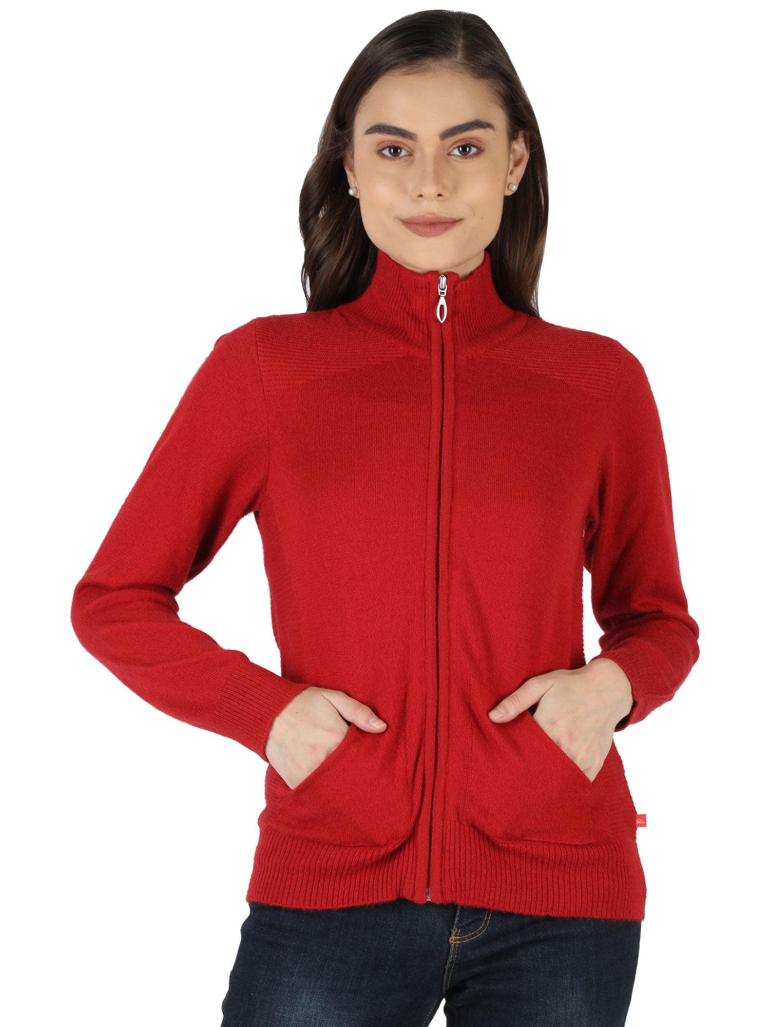 women red cotton blend solid cardigan