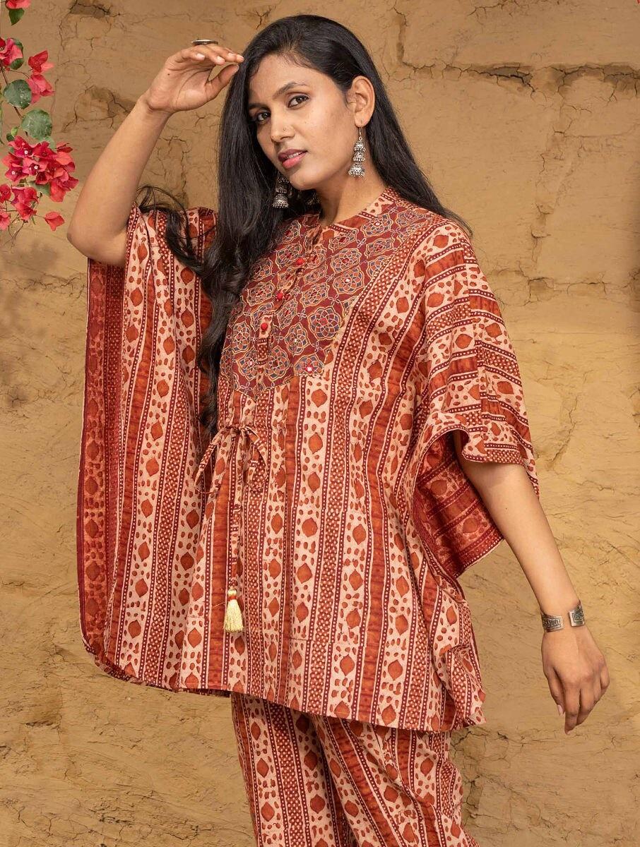 women red cotton printed round neck kaftan