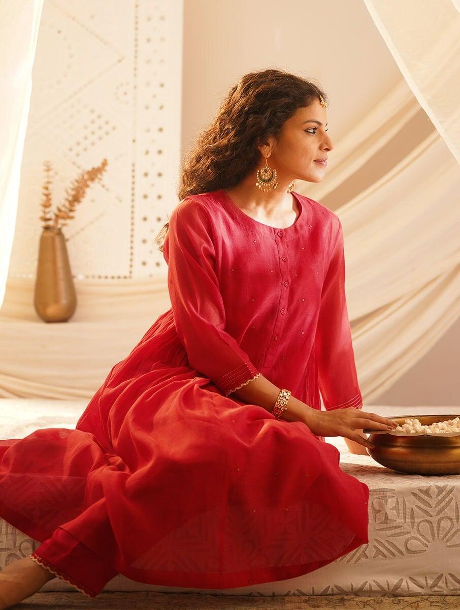 women red cotton silk embroidered round neck a line kurta , slip & pants