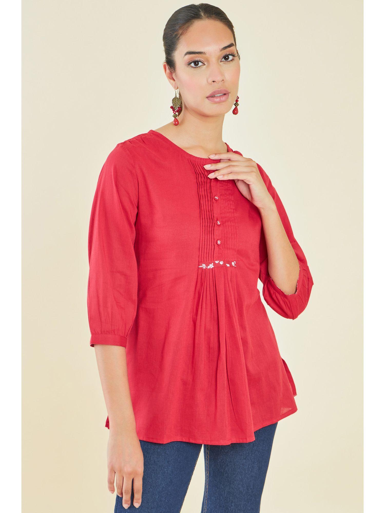 women red cotton solid/plain tunic