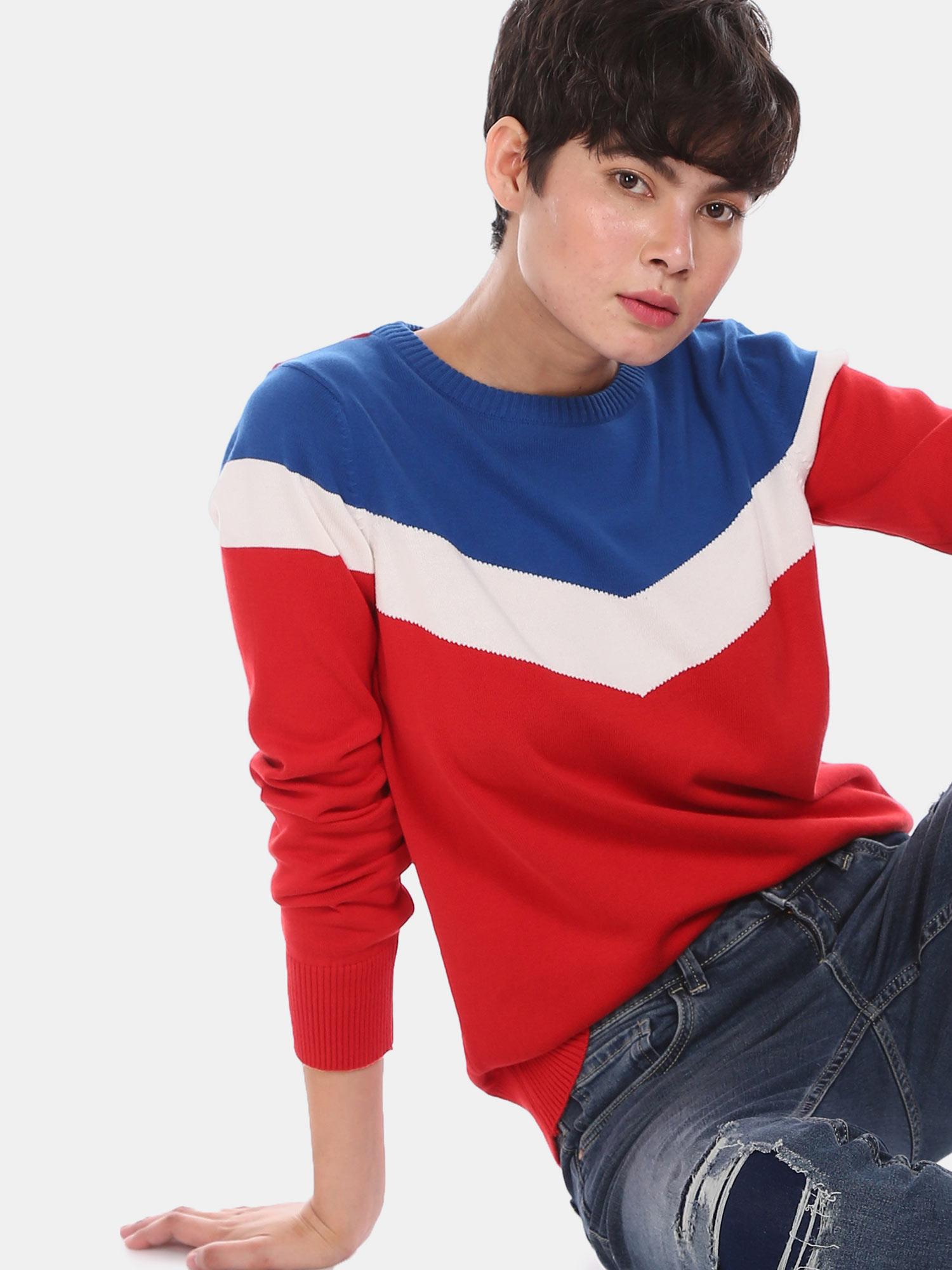 women red crew neck colour block sweater