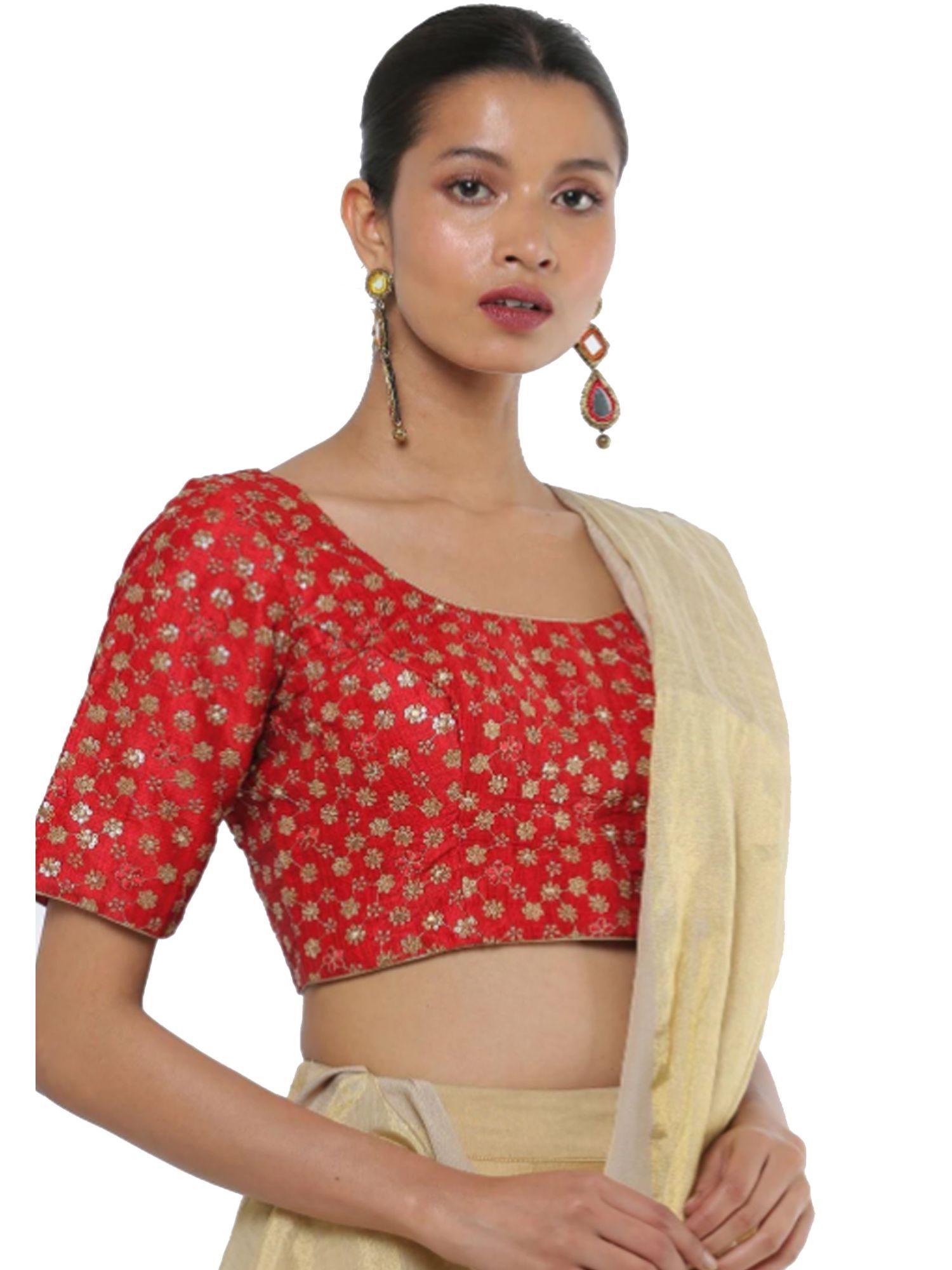 women red dupion silk front open readymade saree blouse