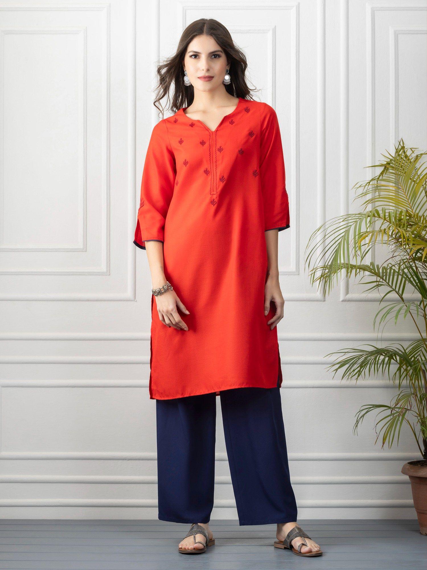 women red embroidered ethnic kurta