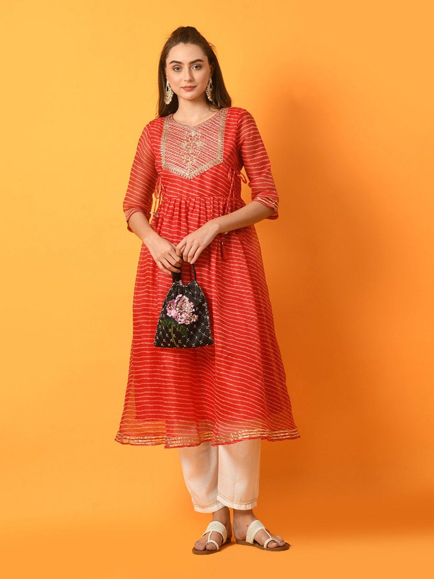 women red embroidered leheriya anarkali kurta