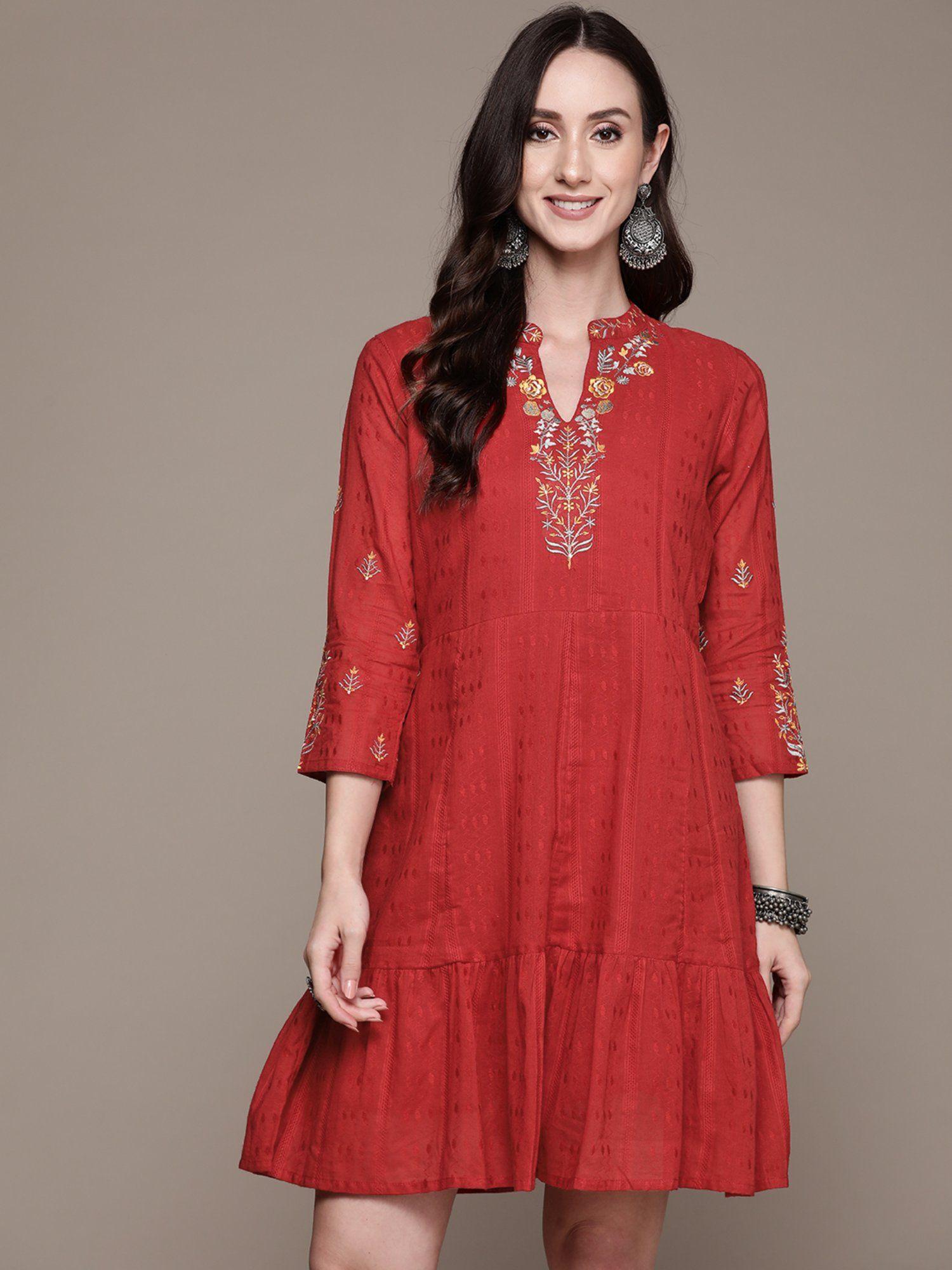 women red embroidered mandarin collar cotton a-line dress