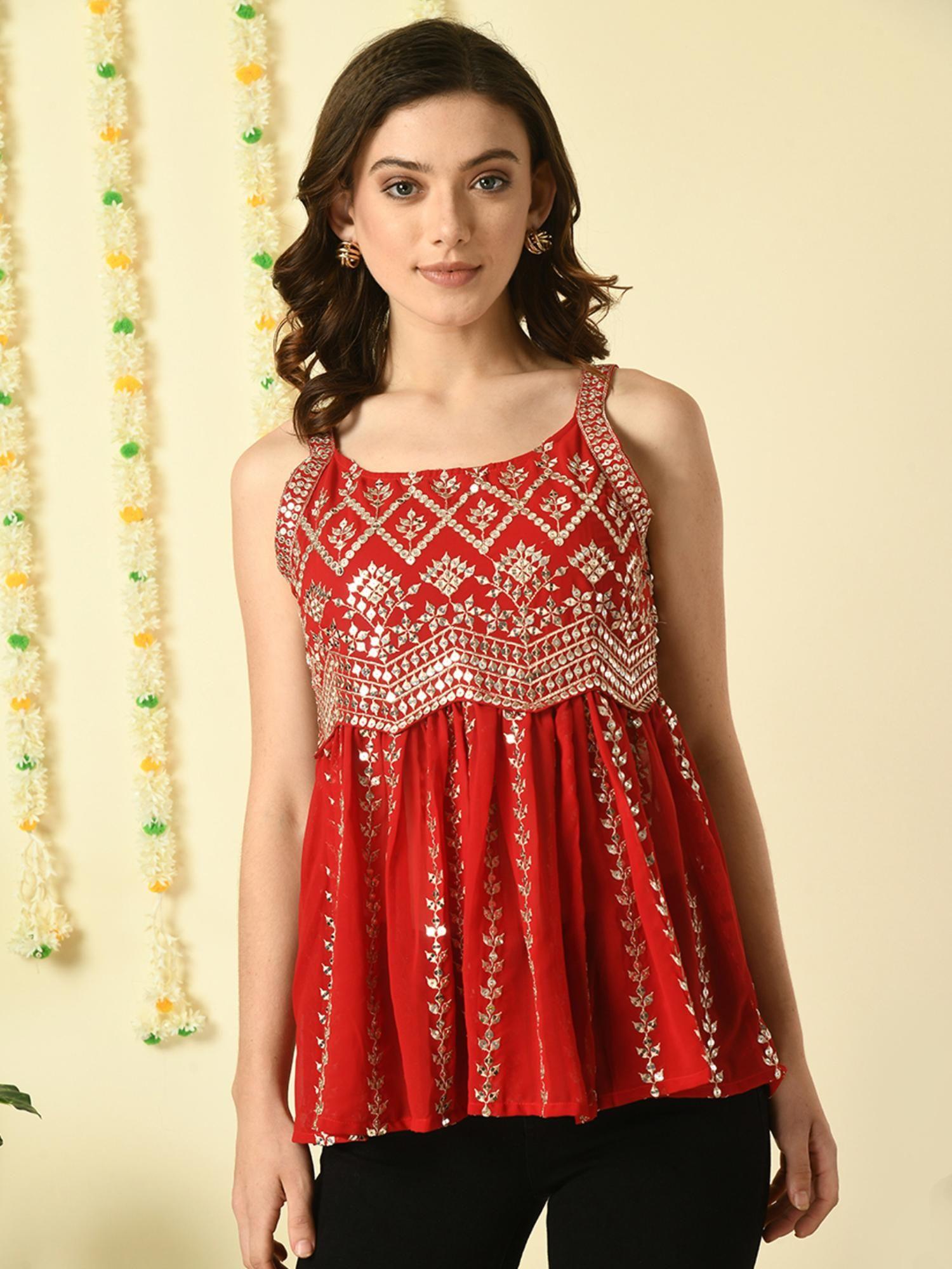 women red embroidered party fusion top