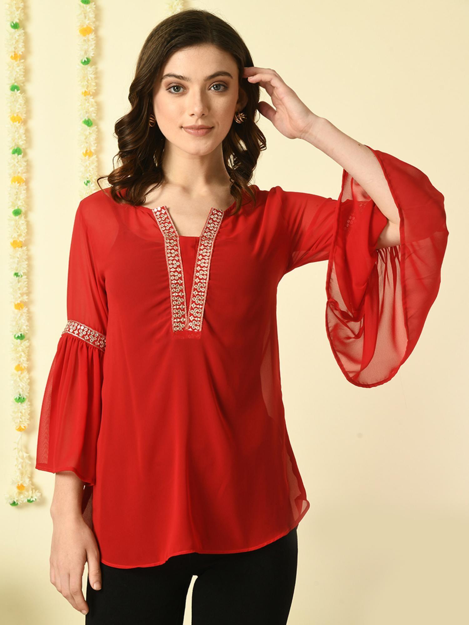 women red embroidered party fusion tunic