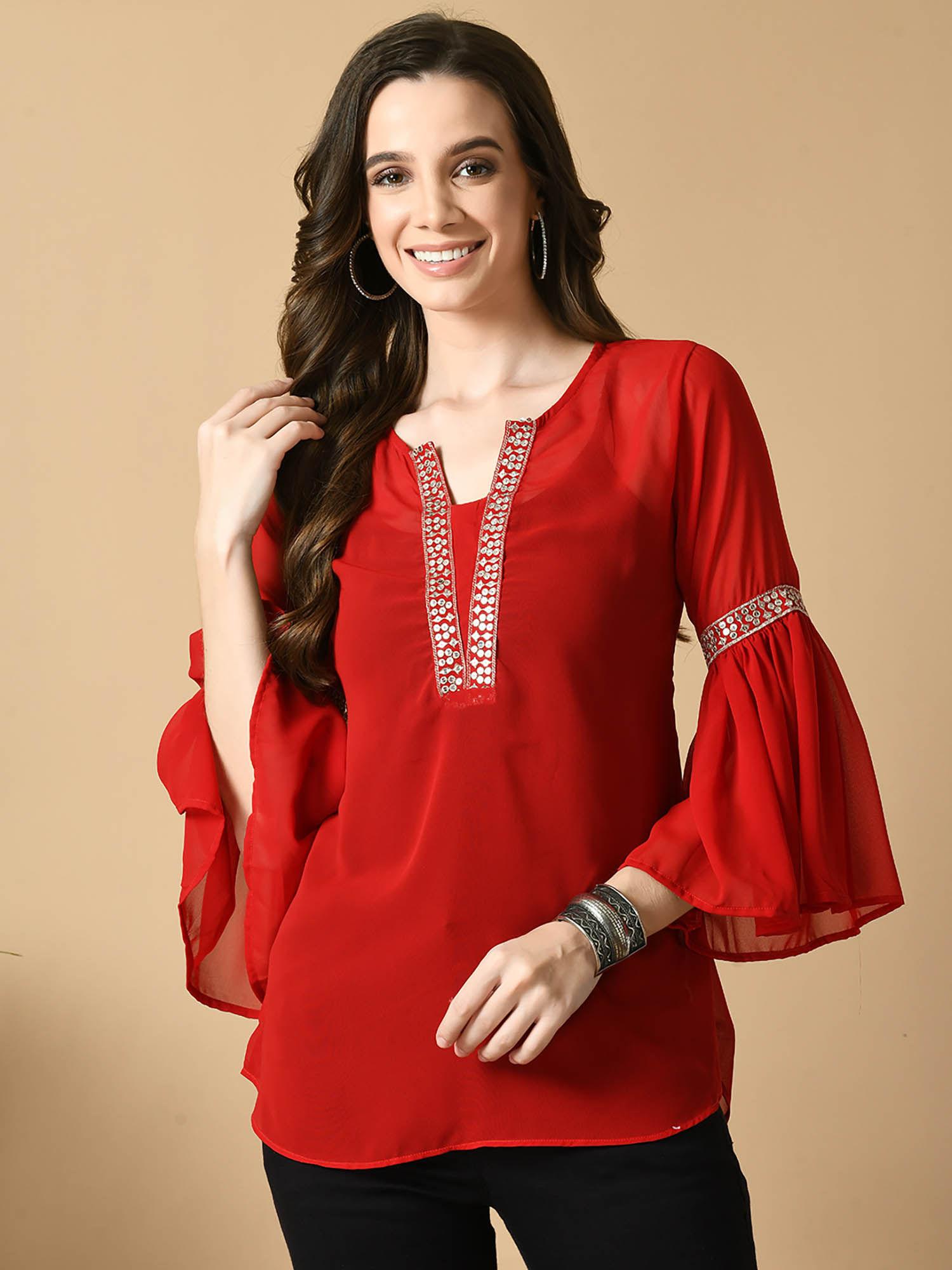 women red embroidered party fusion tunic