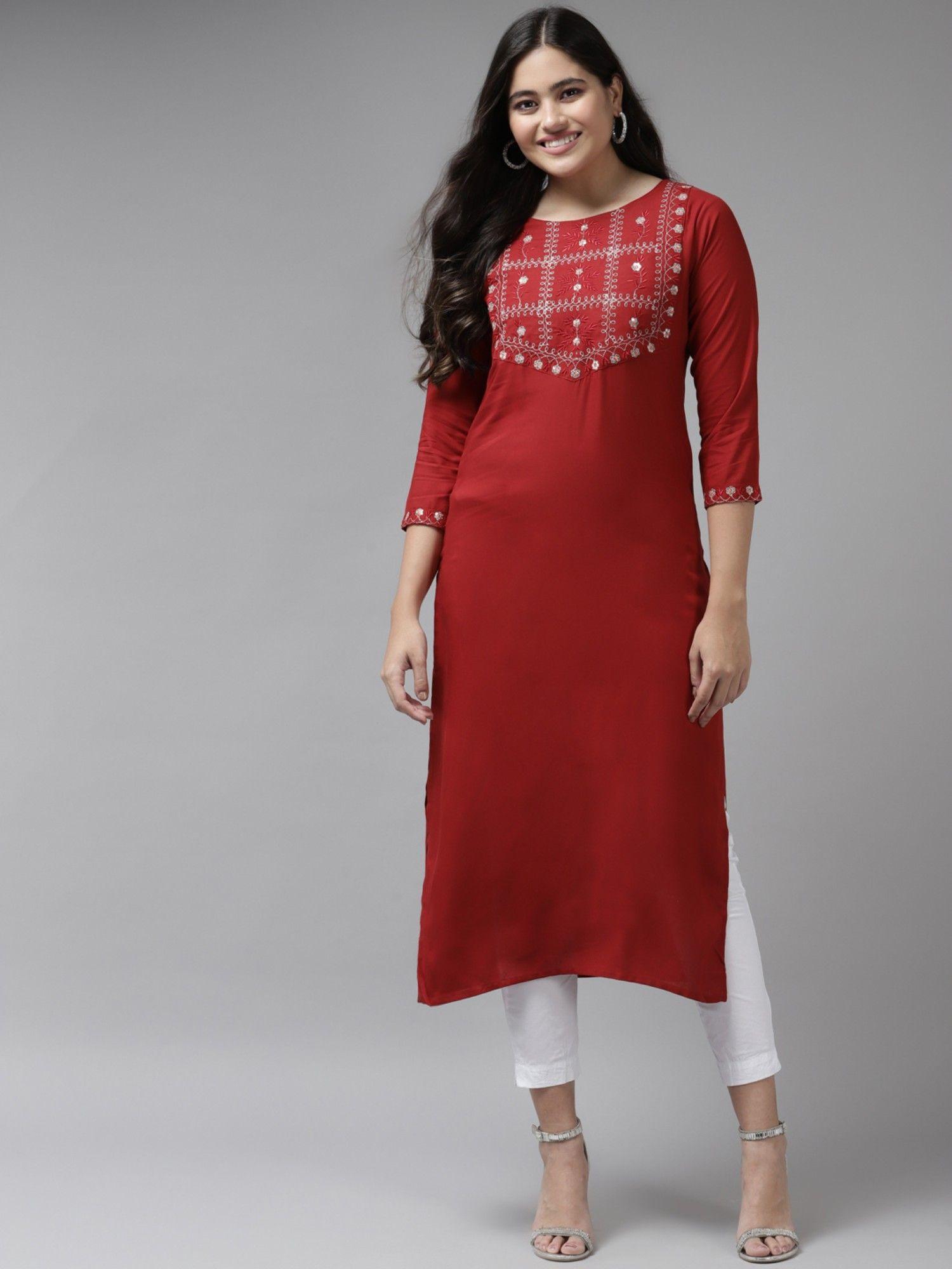 women red embroidered sequence work rayon straight kurta