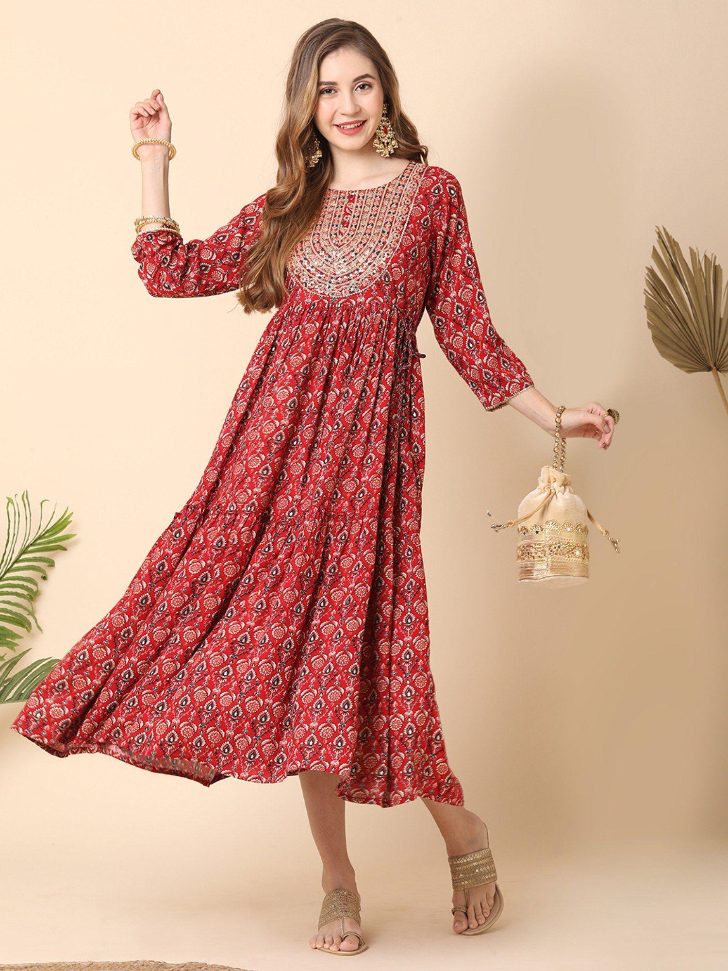 women red ethnic motif embroidered yoke flared midi dress