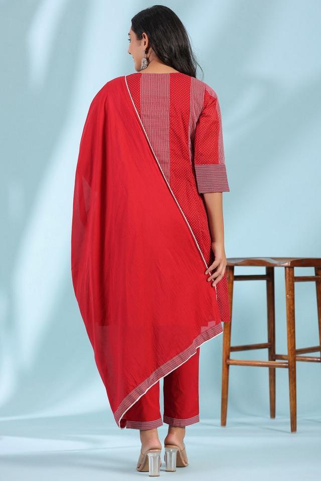 women red ethnic motif printed a-line cotton voile kurta with pants and dupatta set with pintucks at front _ beadwork (3-pcs)