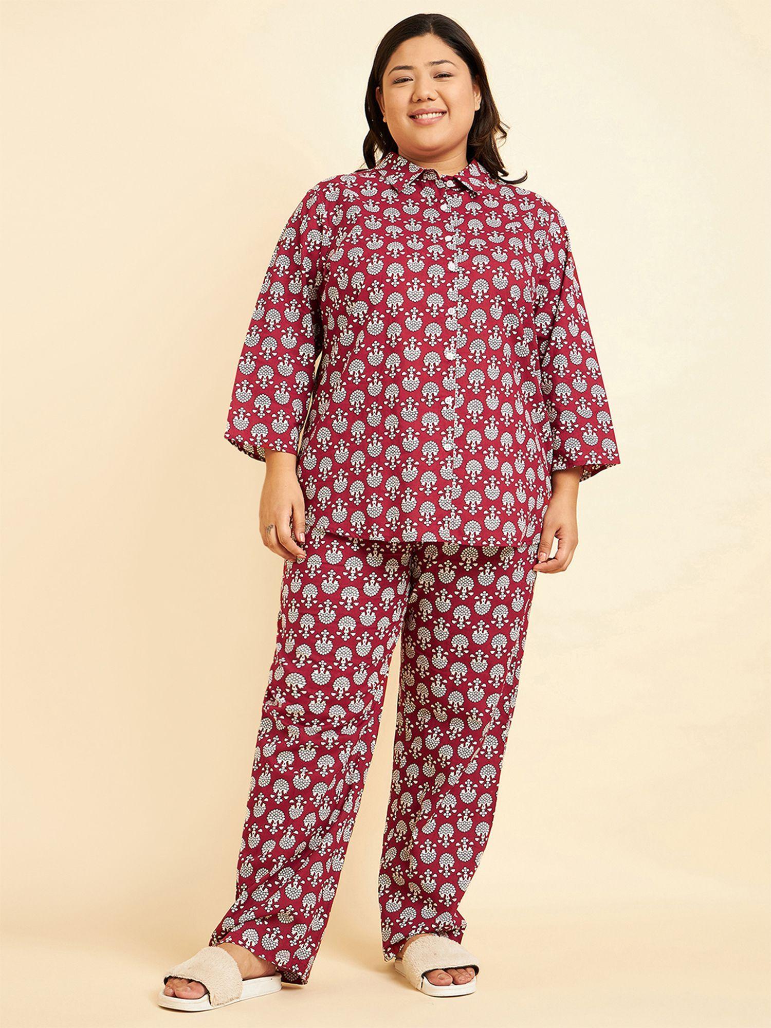 women red ethnic motifs print regular pyjama and shirt (set of 2)