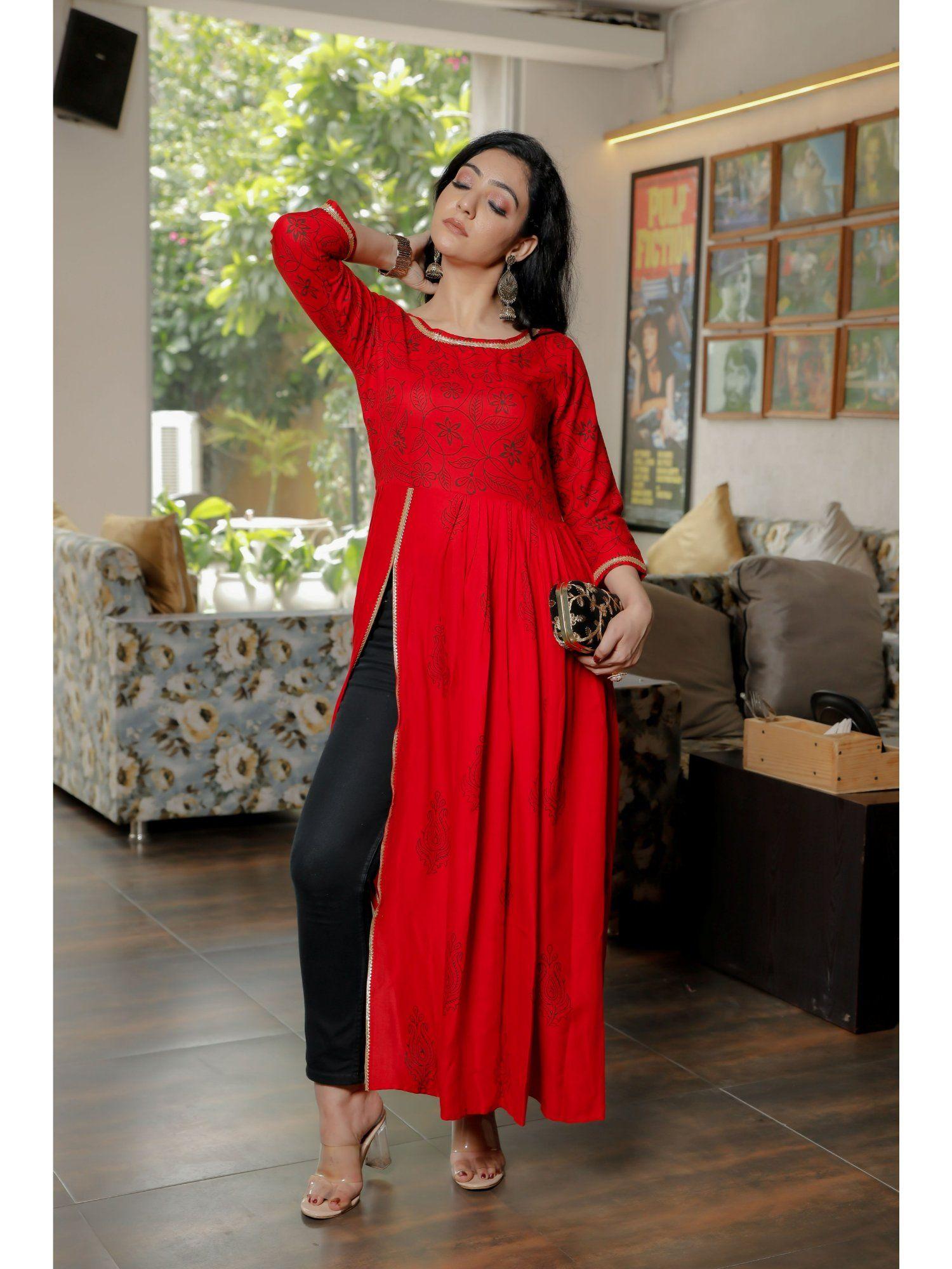 women red floral block print side slit kurta