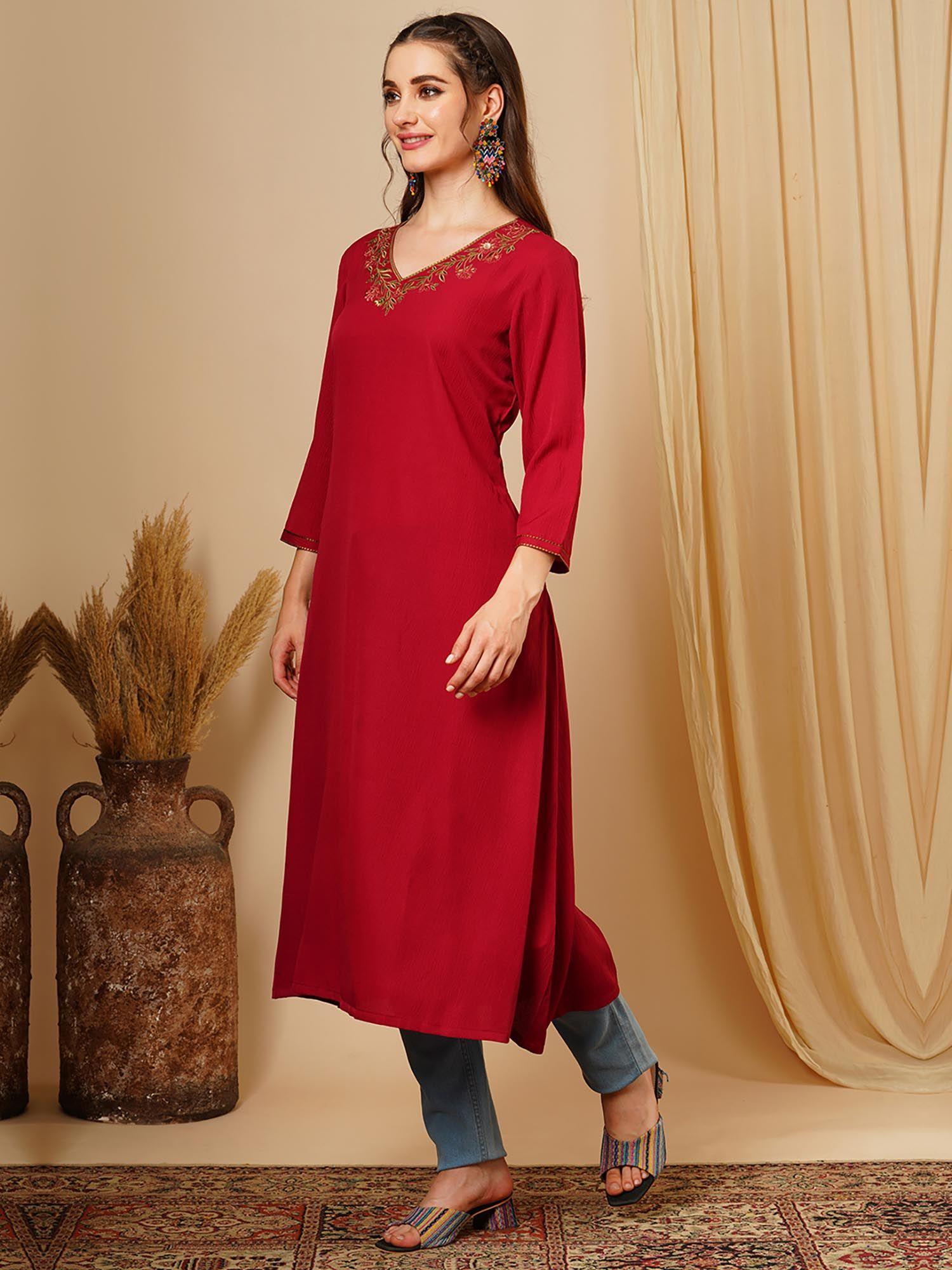 women red floral embroidered v-neck a-line workwear kurta