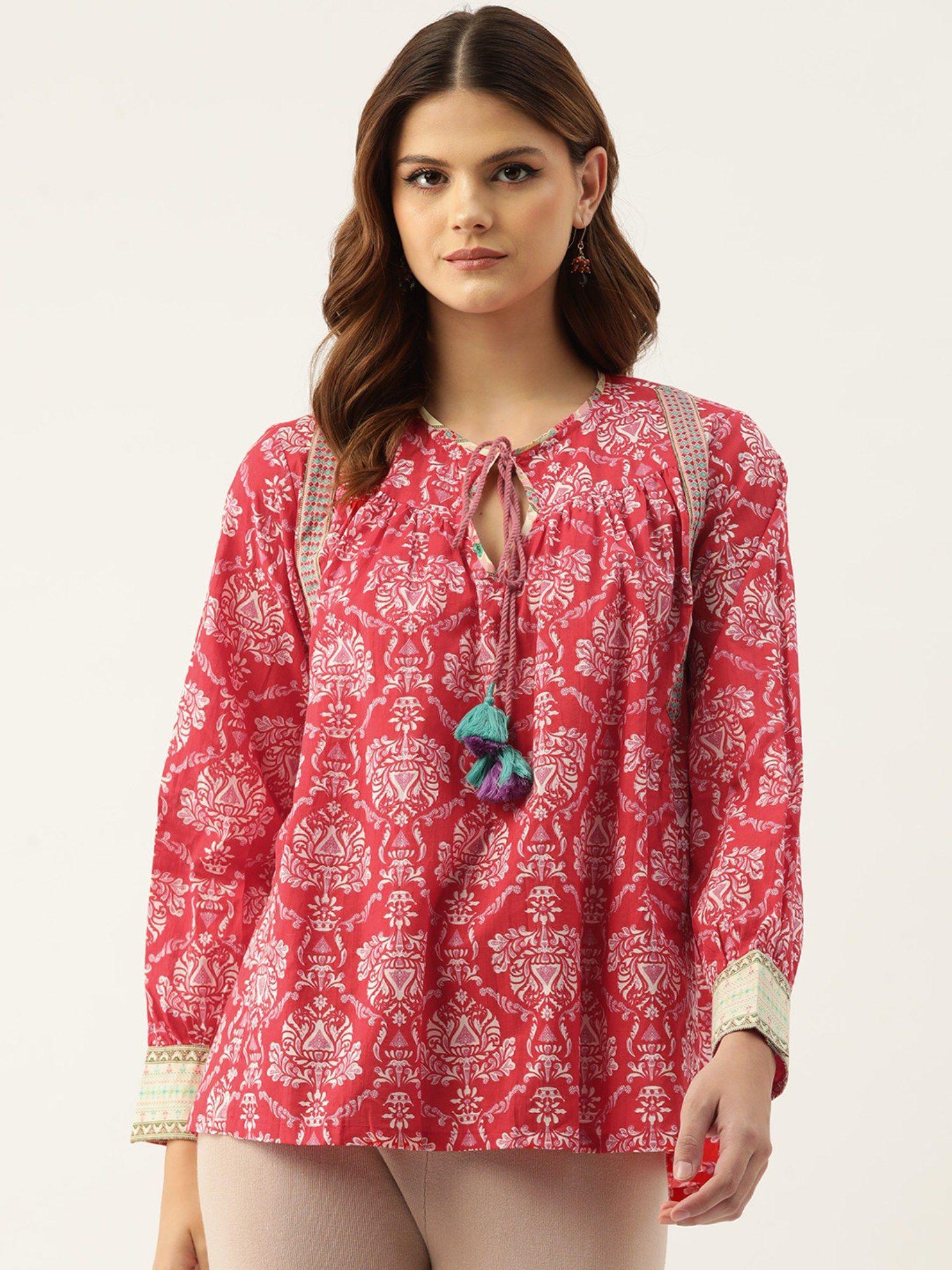 women red floral print cotton top