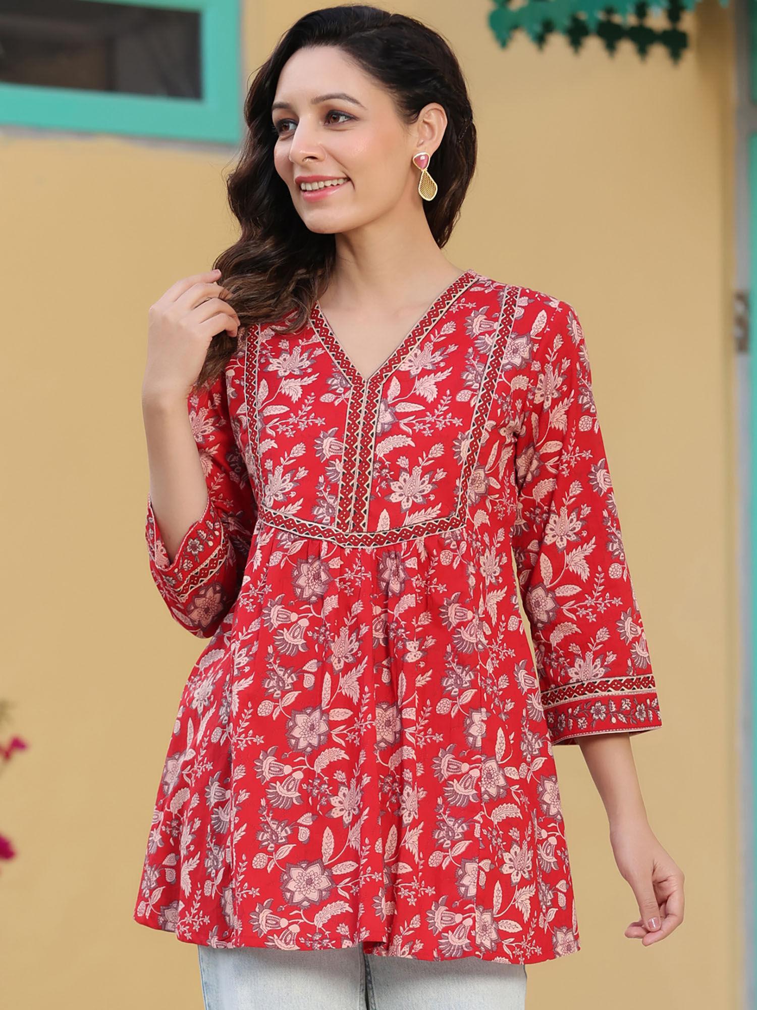 women red floral print cotton tunic