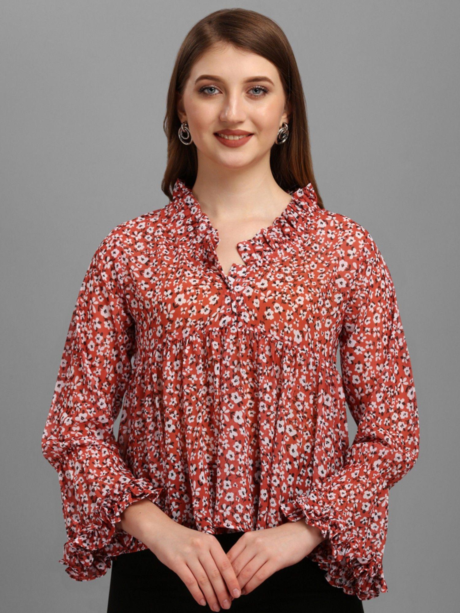 women red floral print georgette top