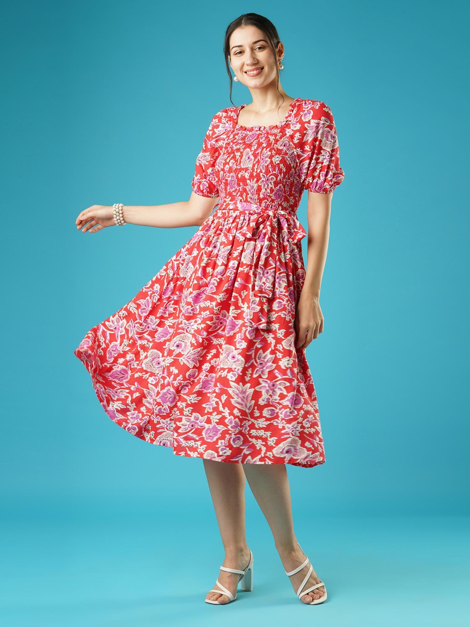 women red floral print square neck puff sleeves pleated fit & flare belted midi dress