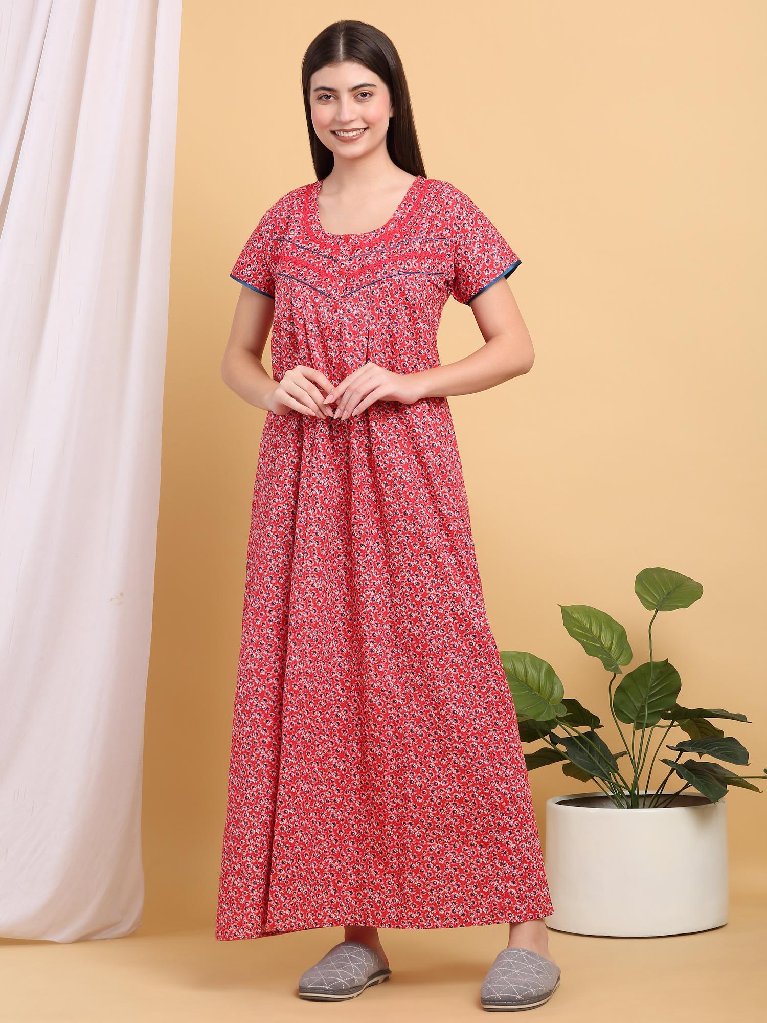 women red floral printed round neck nightdress