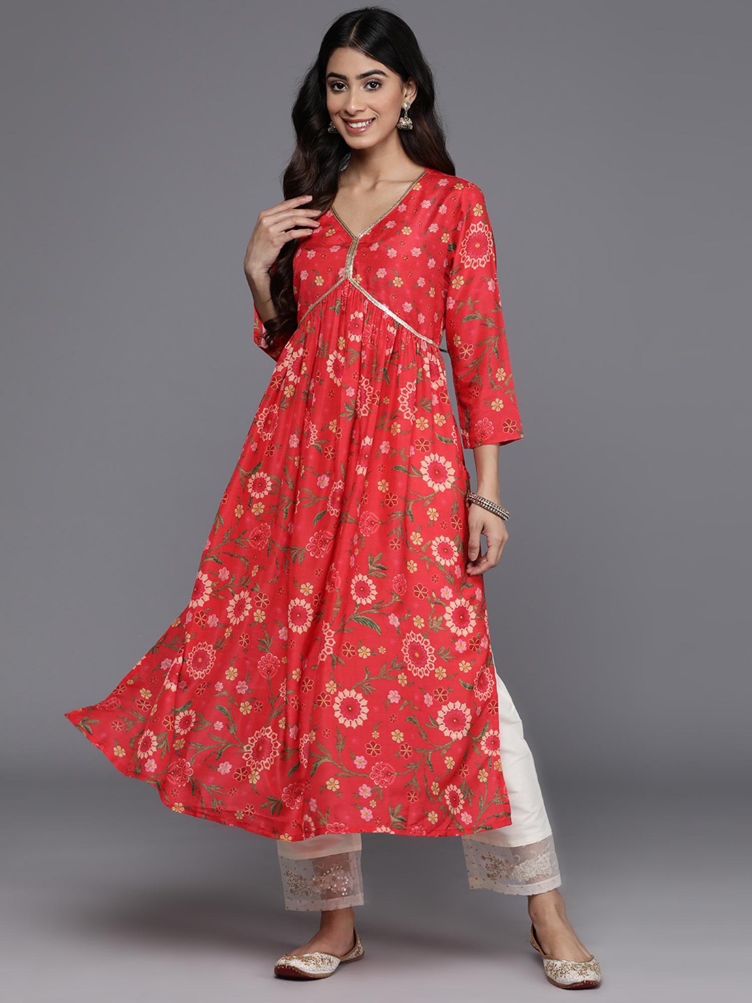 women red floral printed sequin embellished a-line kurta