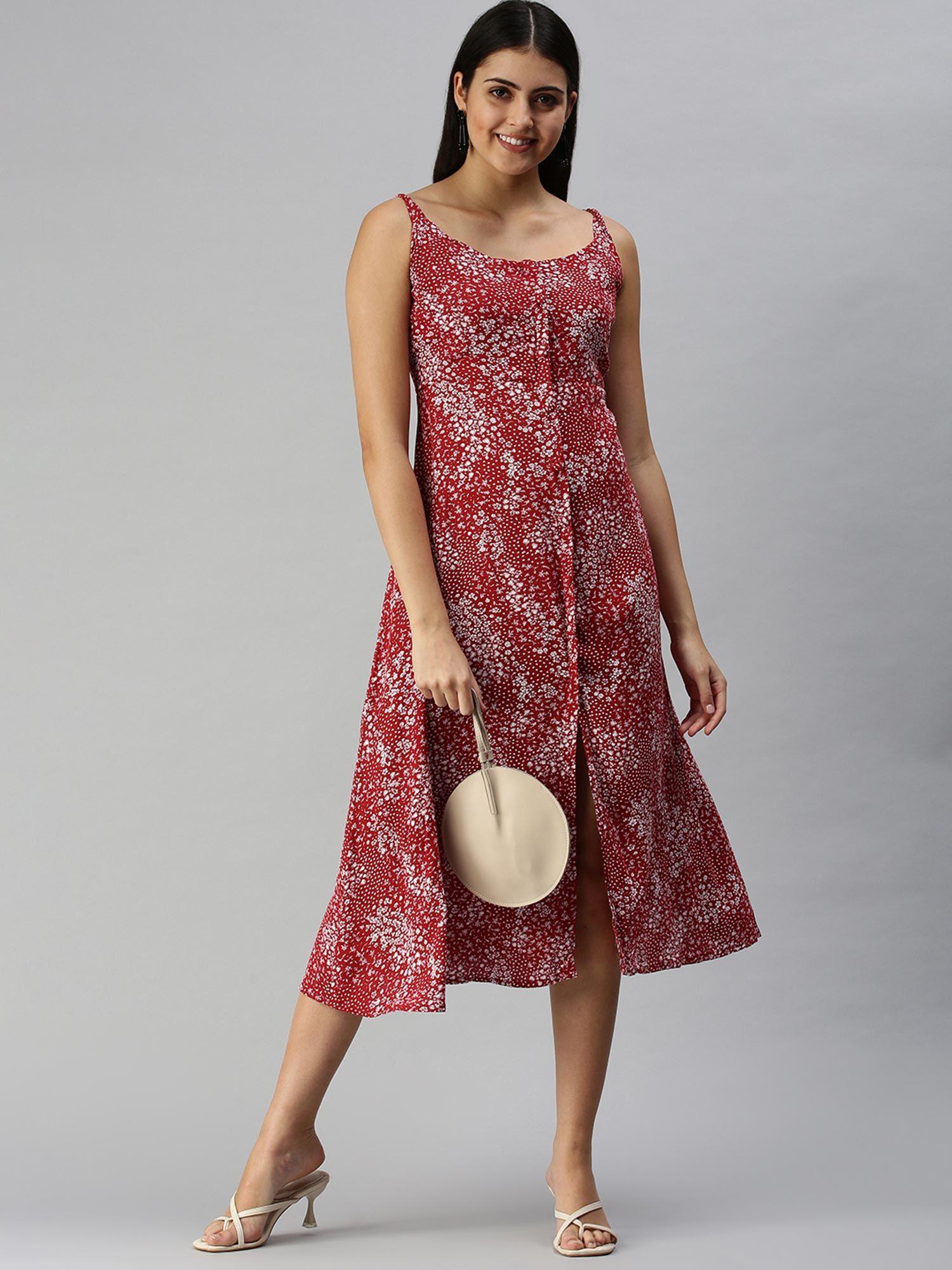 women red floral shoulder straps a-line dress