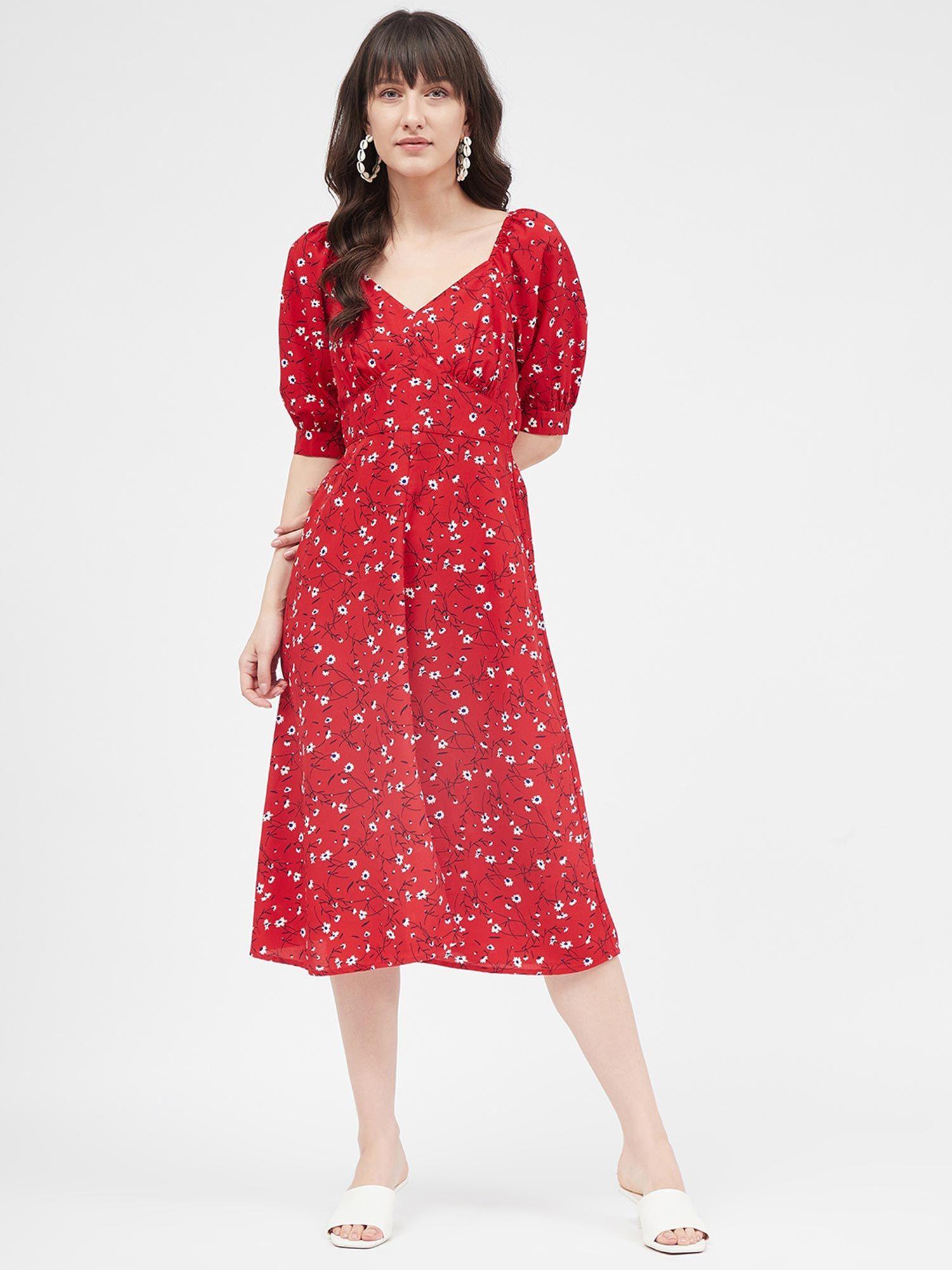 women red flower printed 3/4th sleeve polyester dress