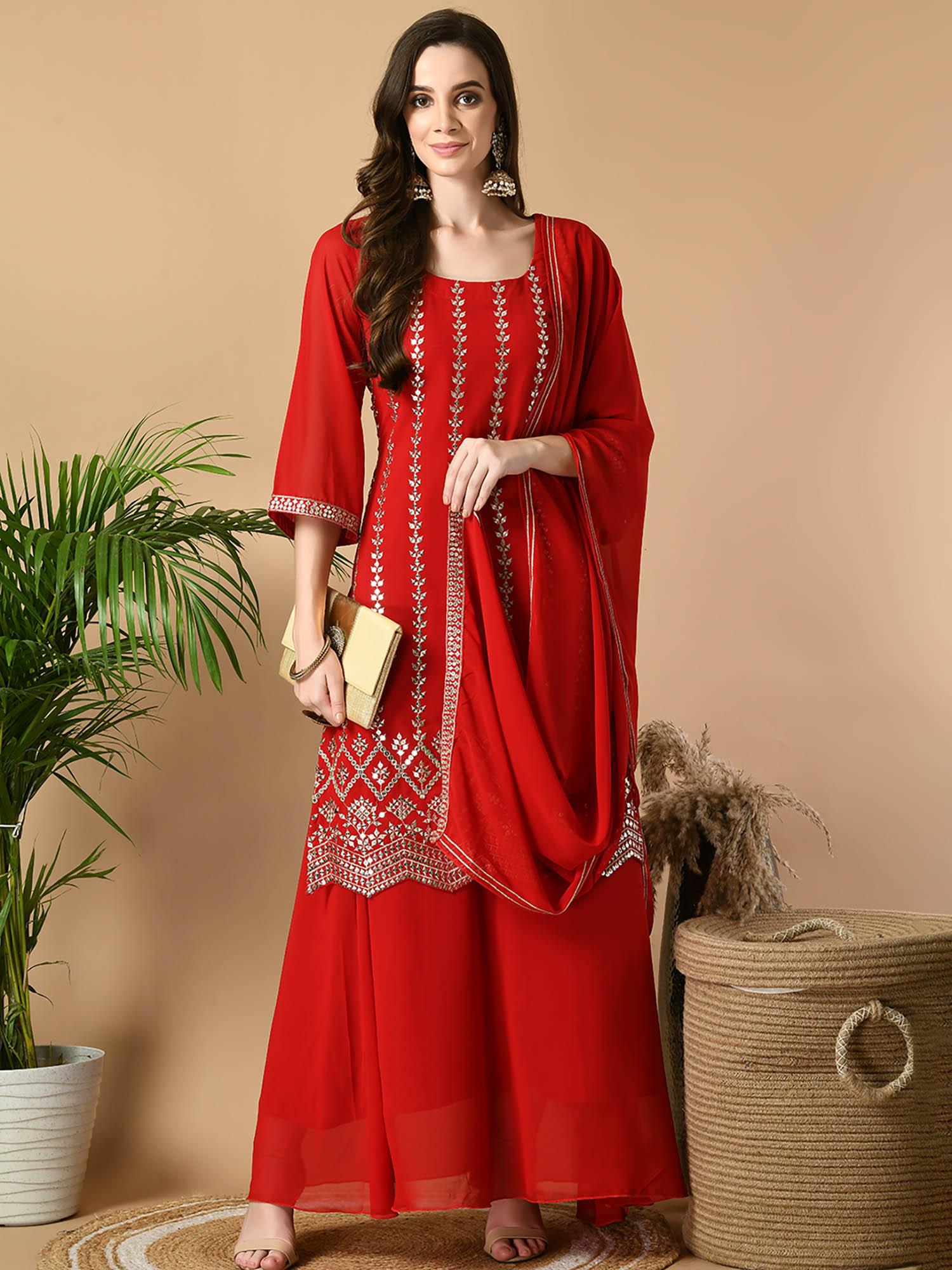 women red georgette party kurta & skirt with dupatta (set of 3)