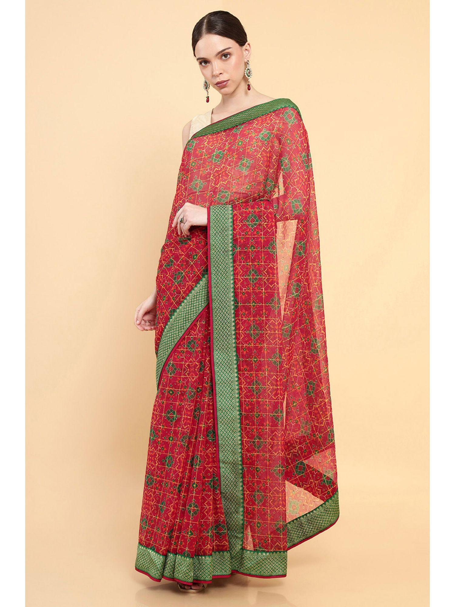 women red georgette printed saree with stitched blouse