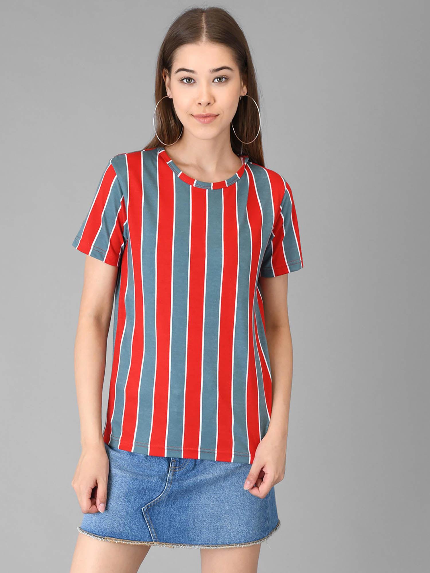 women red half sleeves round neck stripes t-shirt