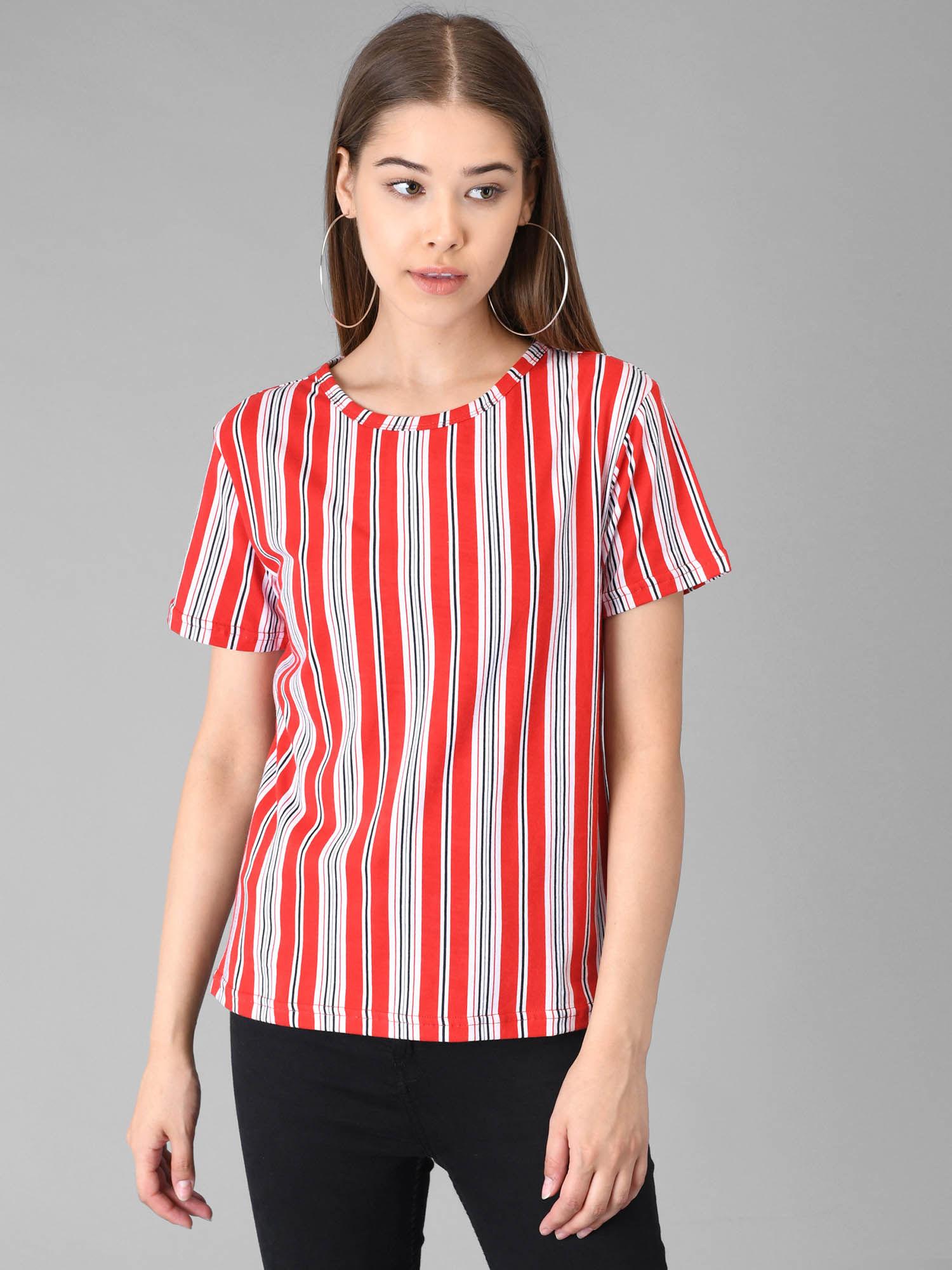 women red half sleeves round neck stripes t-shirt