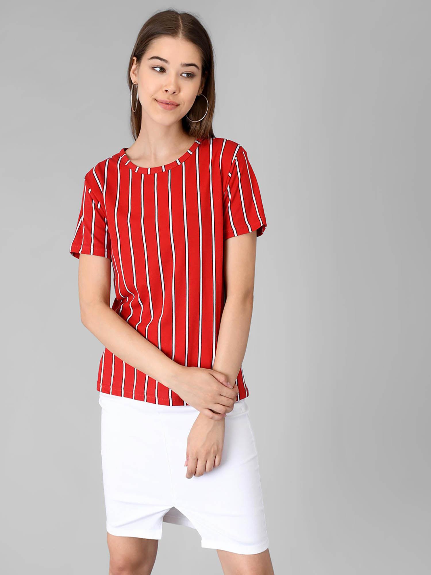 women red half sleeves round neck stripes t-shirt