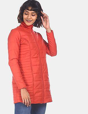 women red high neck quilted jacket