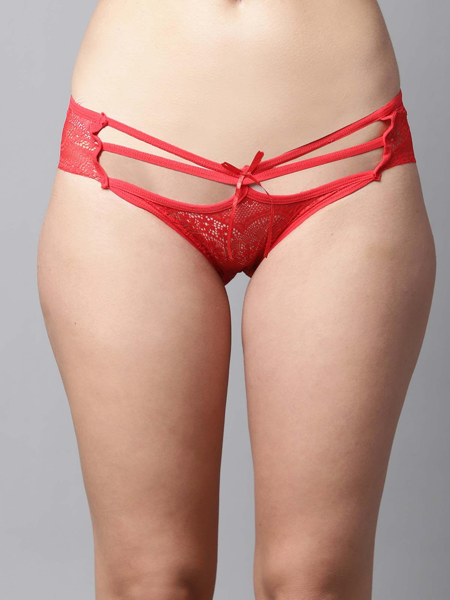 women red low waist sexy bikini panty with cage detailing - lace