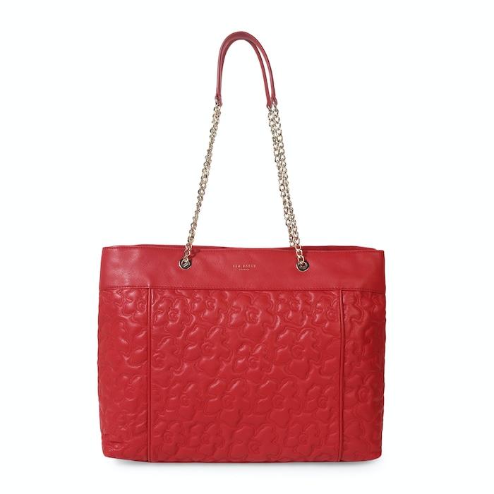 women red magnolia quilted leather tote bag