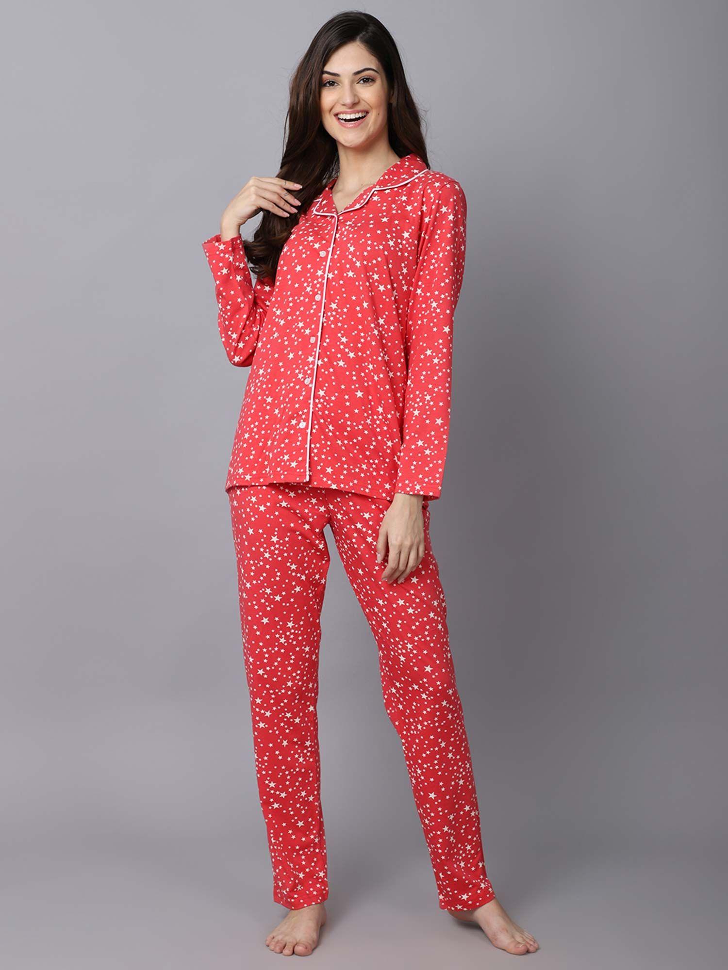 women red off white printed night suit