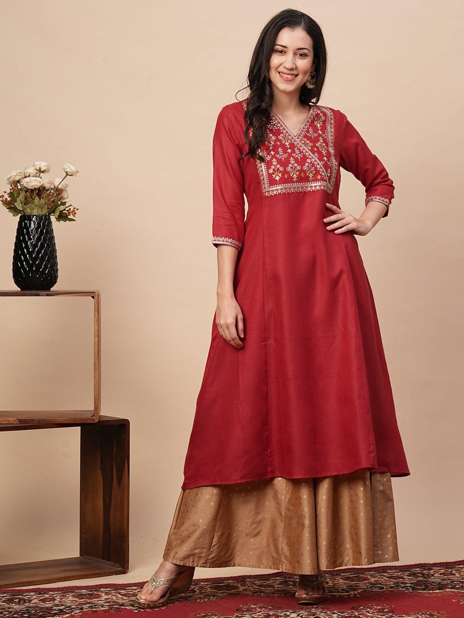 women red overlapped v-neck embroidered yoke a-line kurta