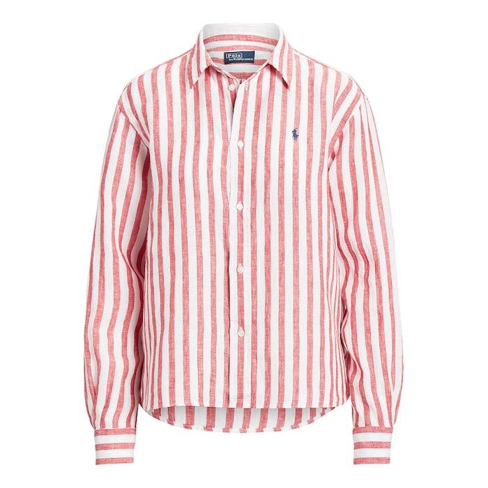 women red oversize striped linen shirt