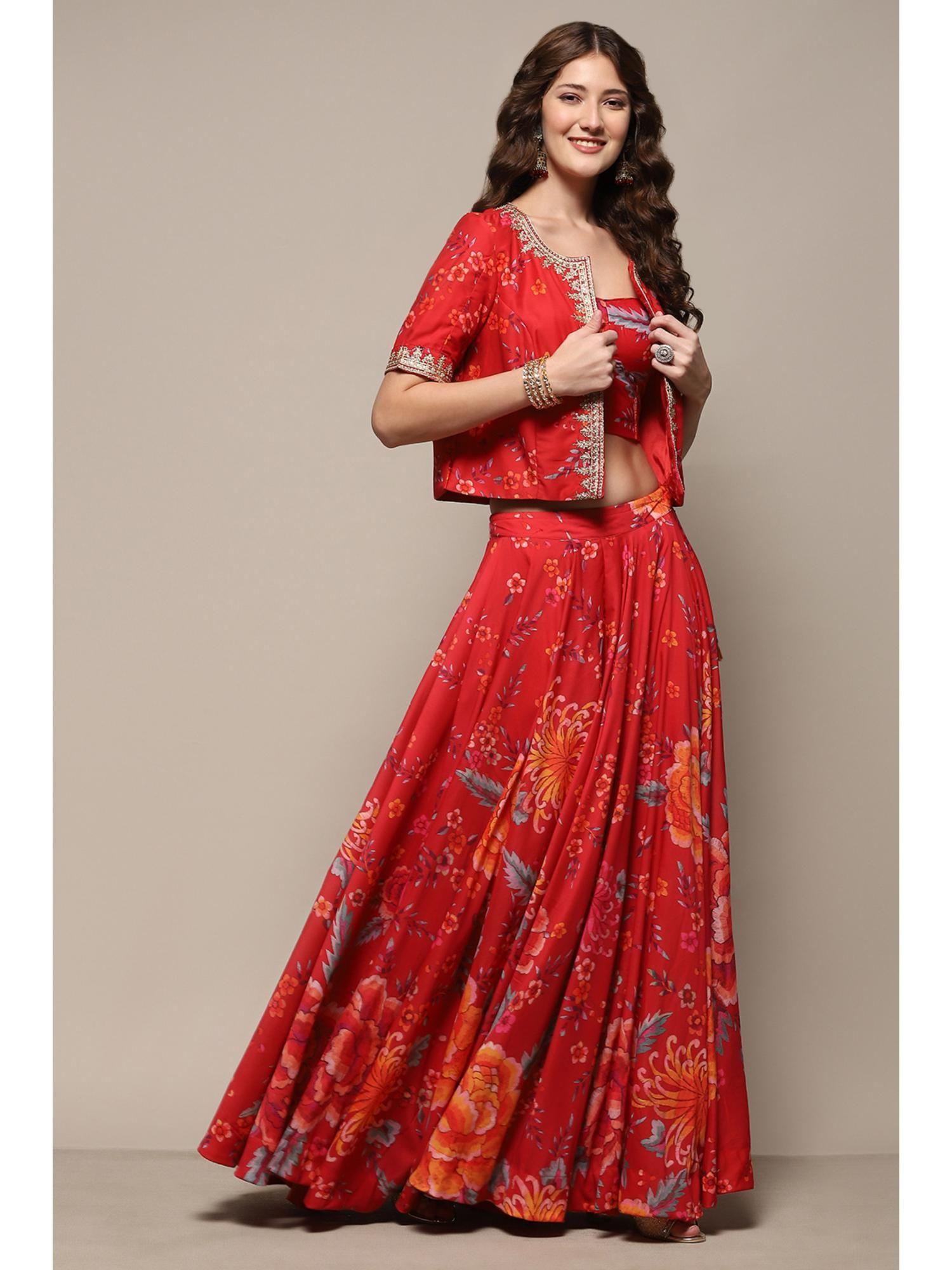 women red polyester printed lehenga with blouse and jacket (set of 3)