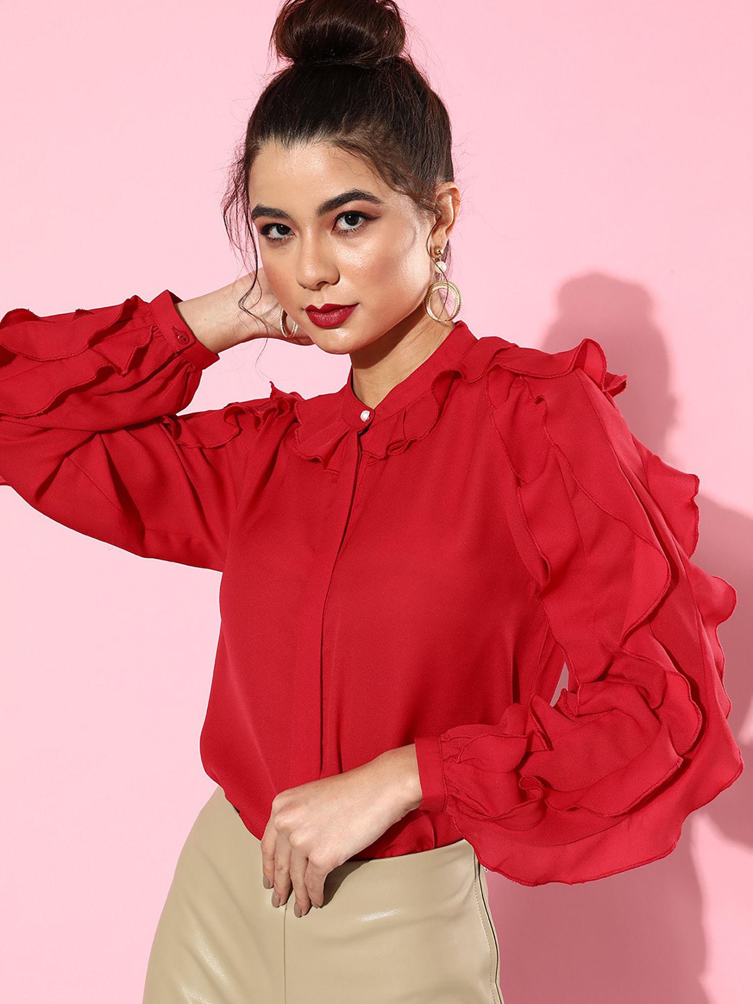 women red polyester smart casual ruffled top