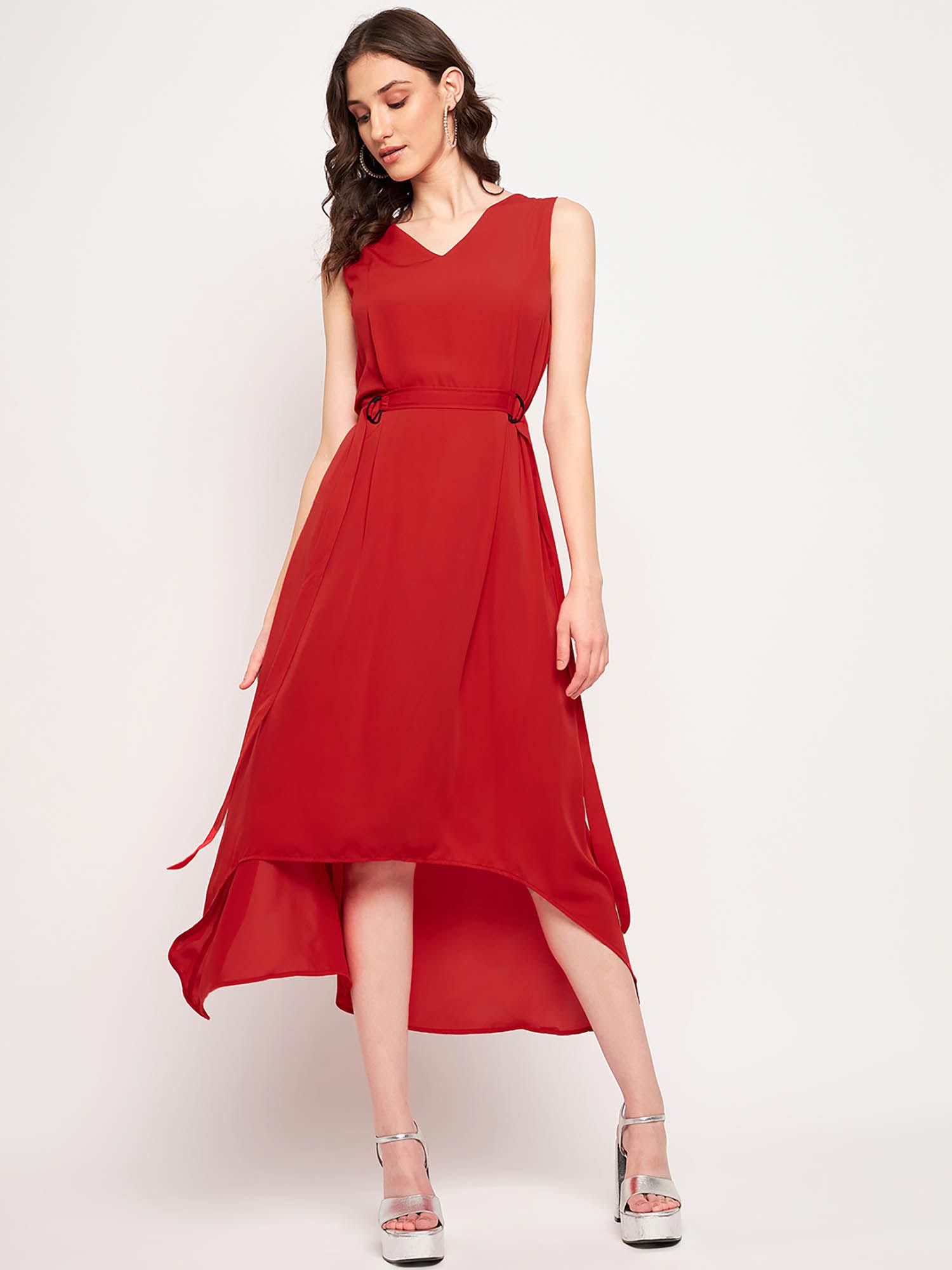 women red polyester solid midi dress