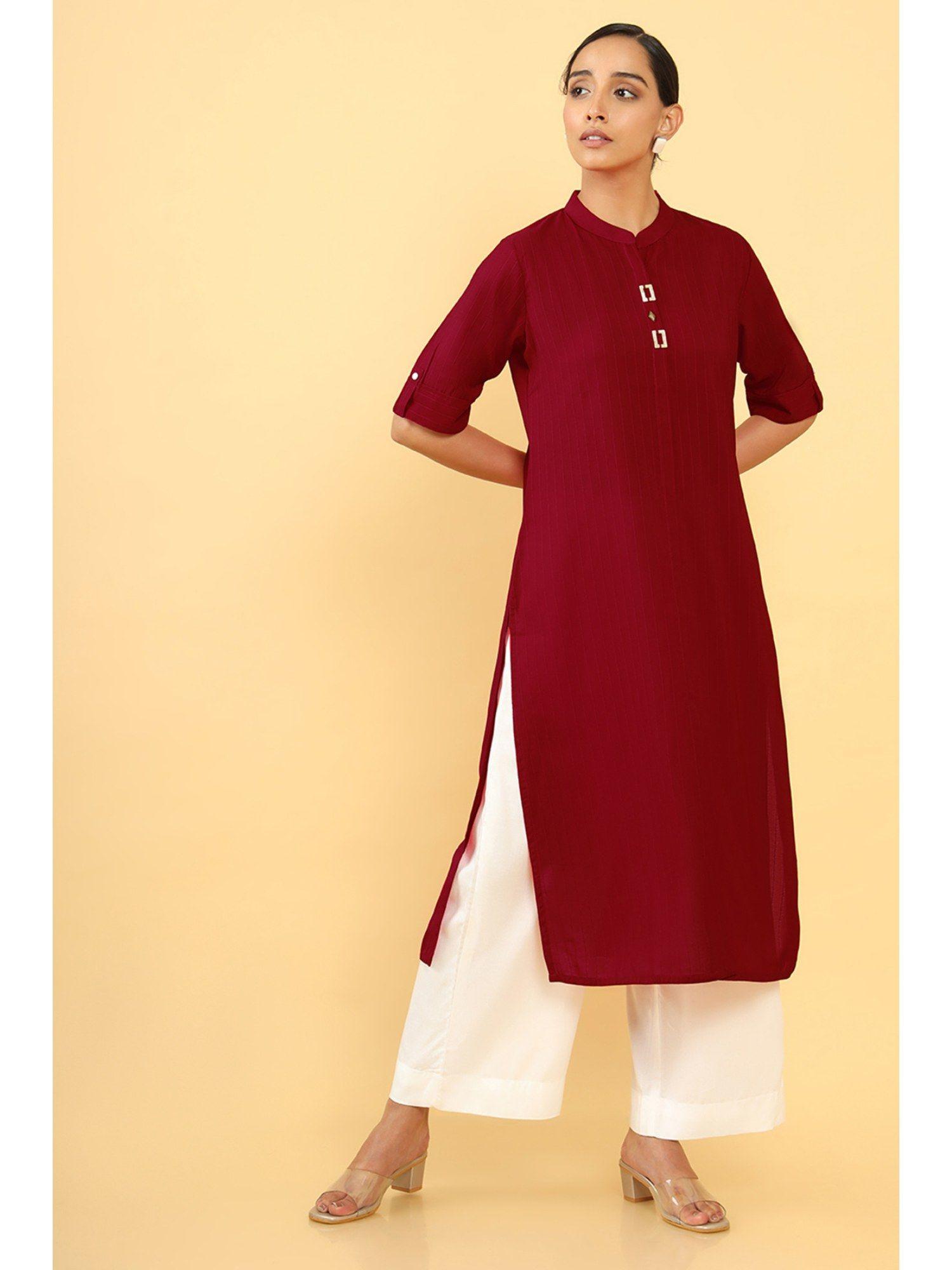 women red polyester stripes kurta