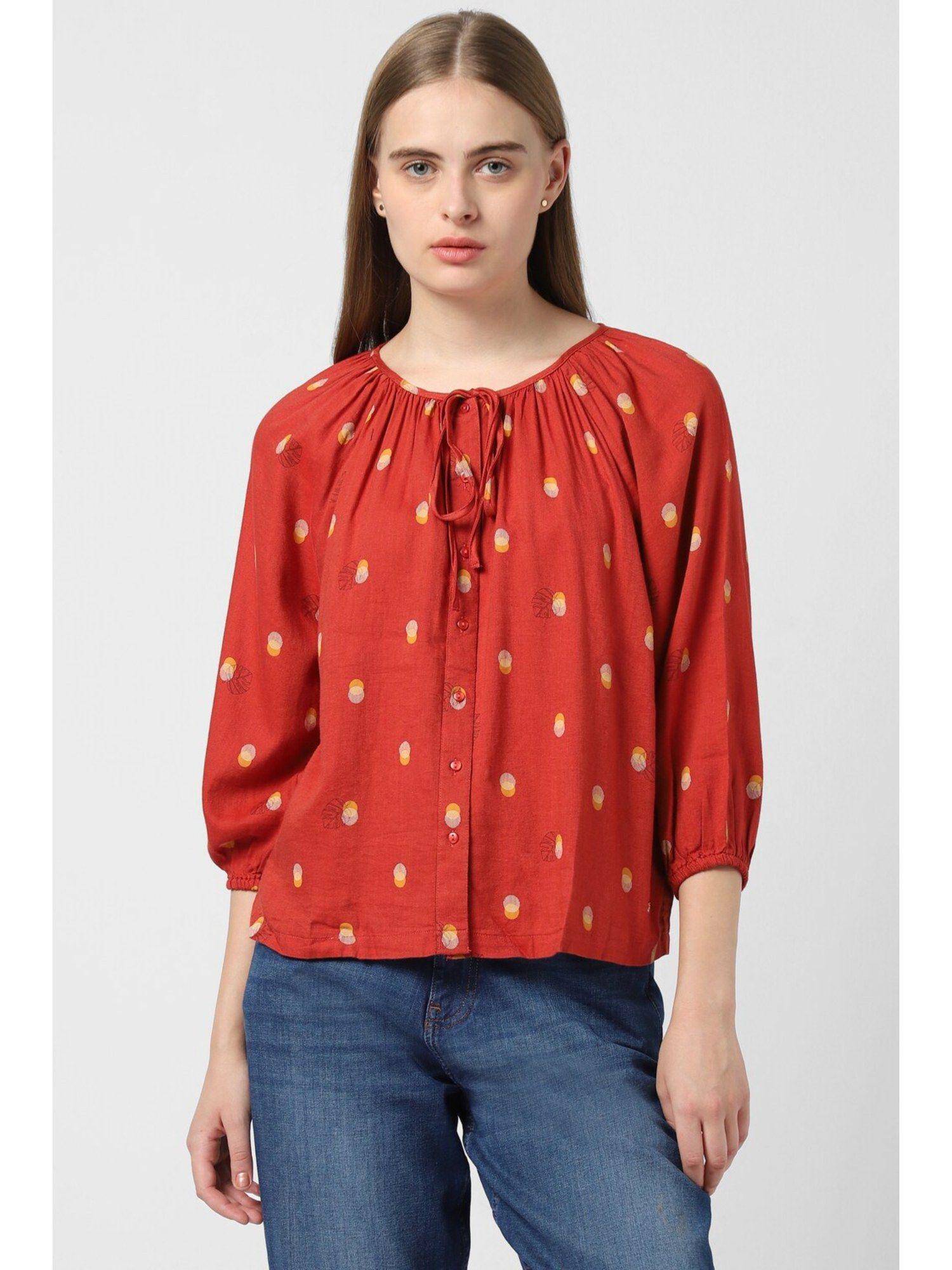 women red print casual round neck top