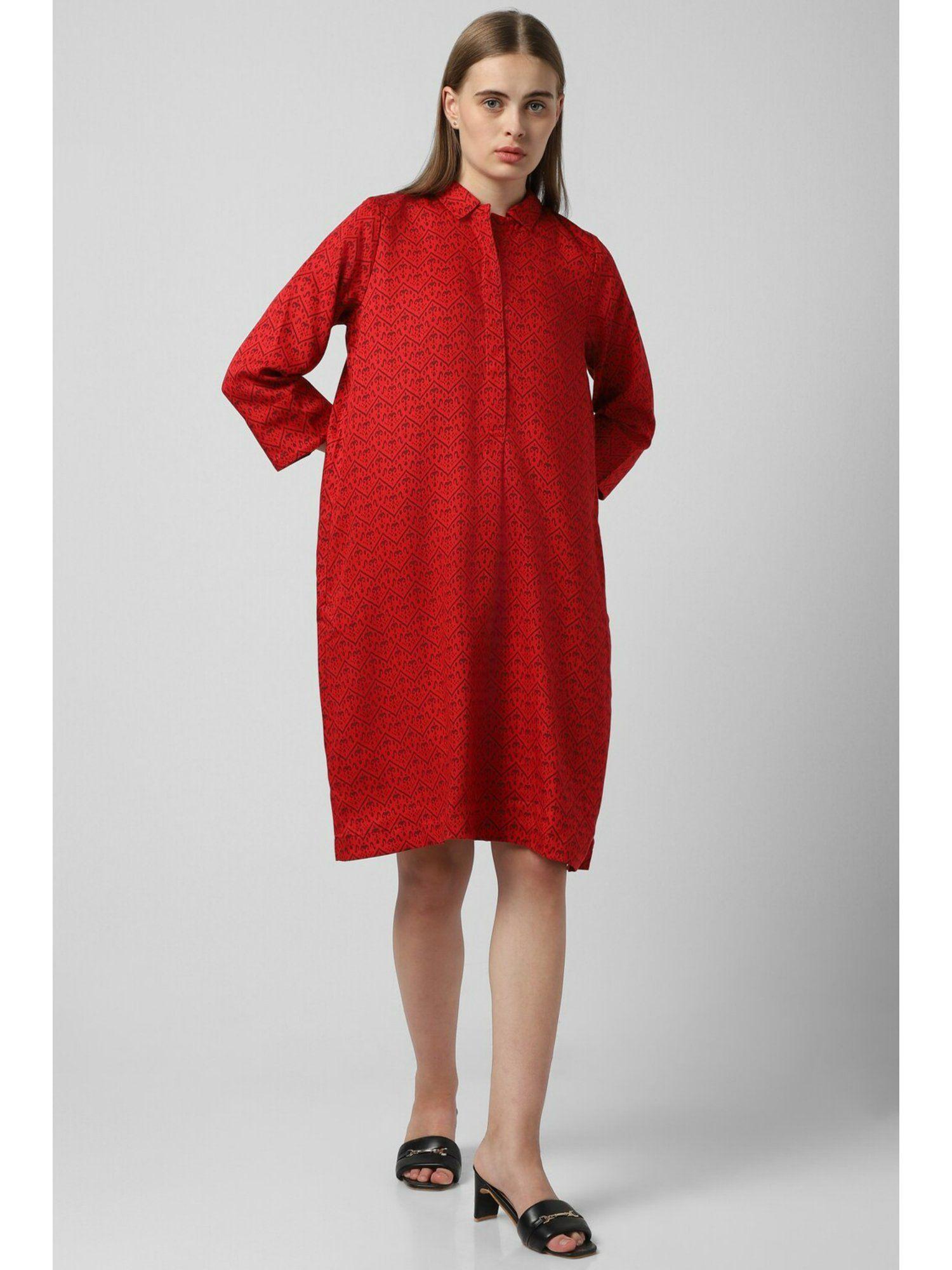 women red print knee length casual dress