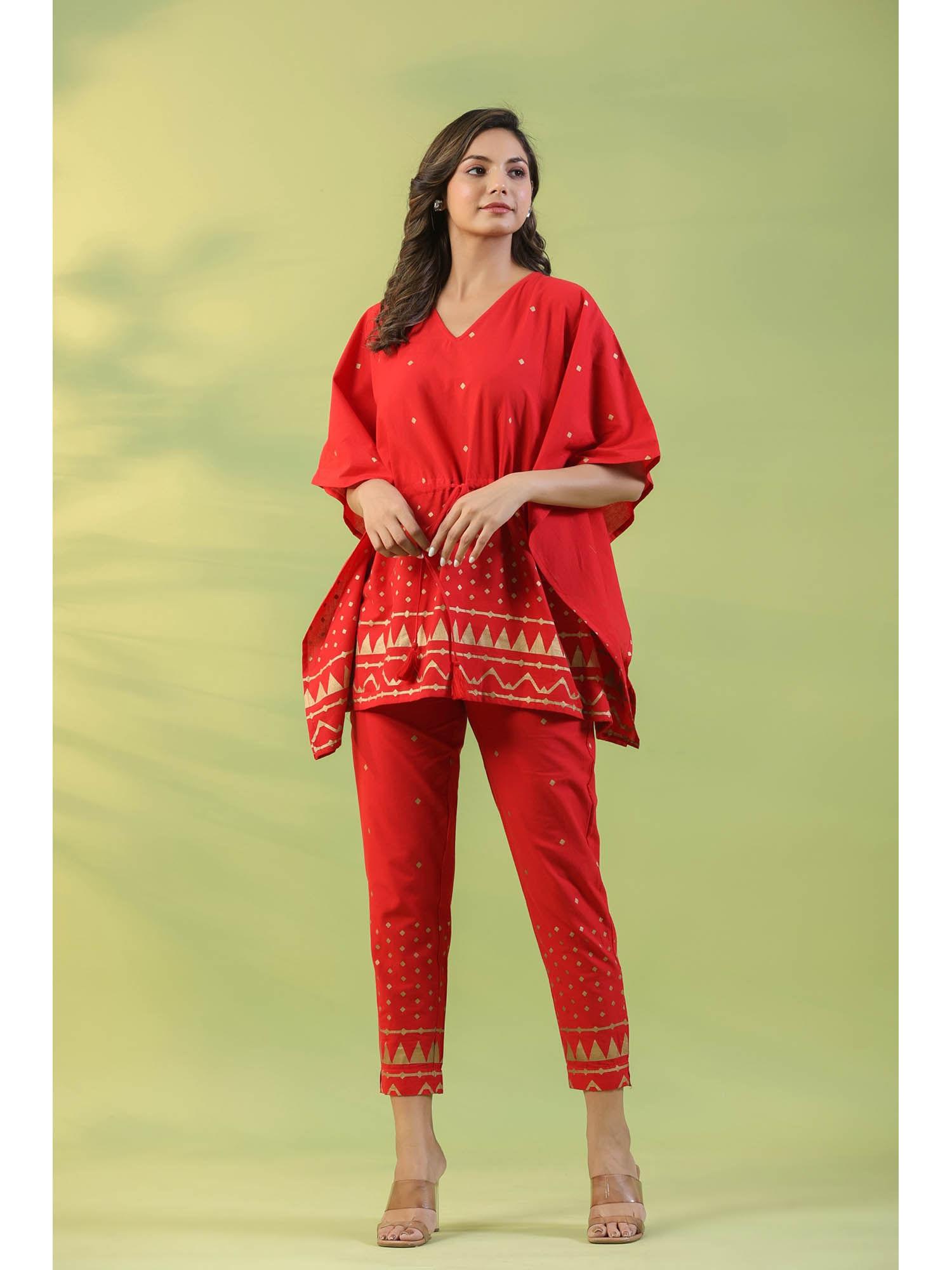 women red print short kaftan with pant (set of 2)