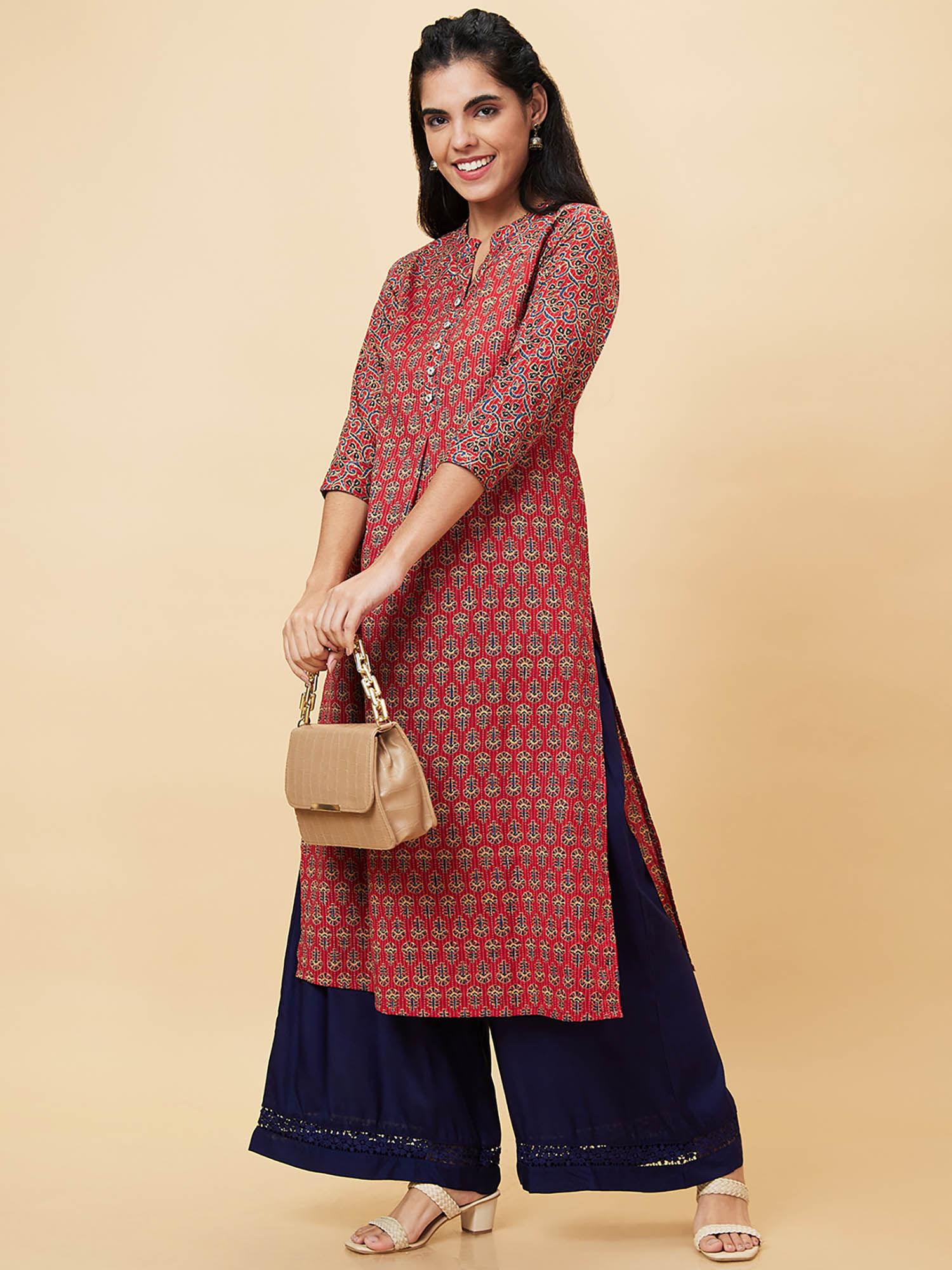 women red printed mandarin collar straight kurta