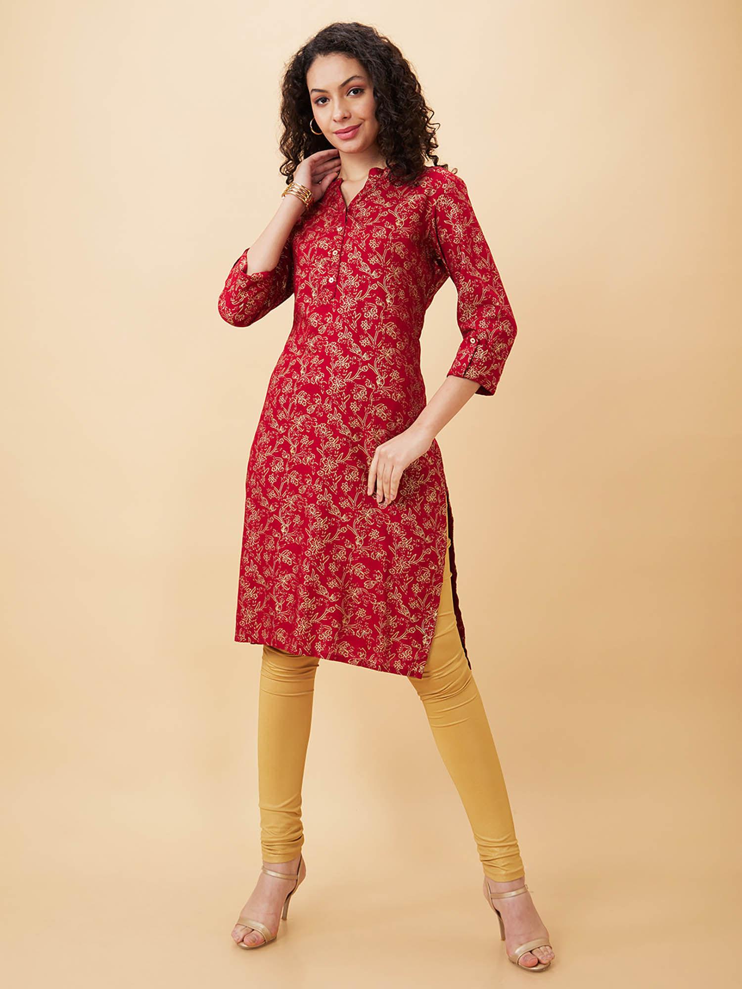 women red printed mandarin collar straight kurta