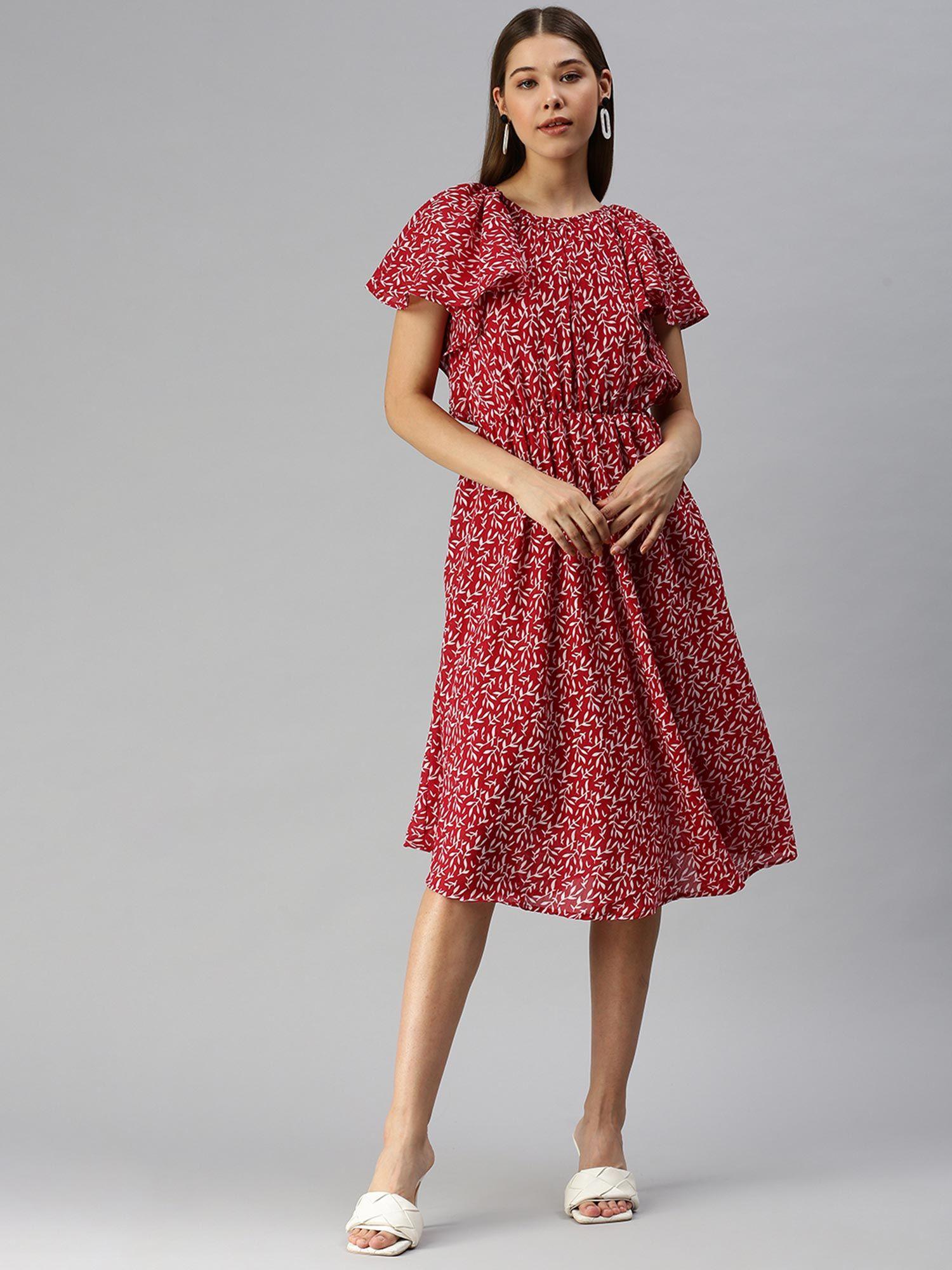 women red printed round neck a-line dress