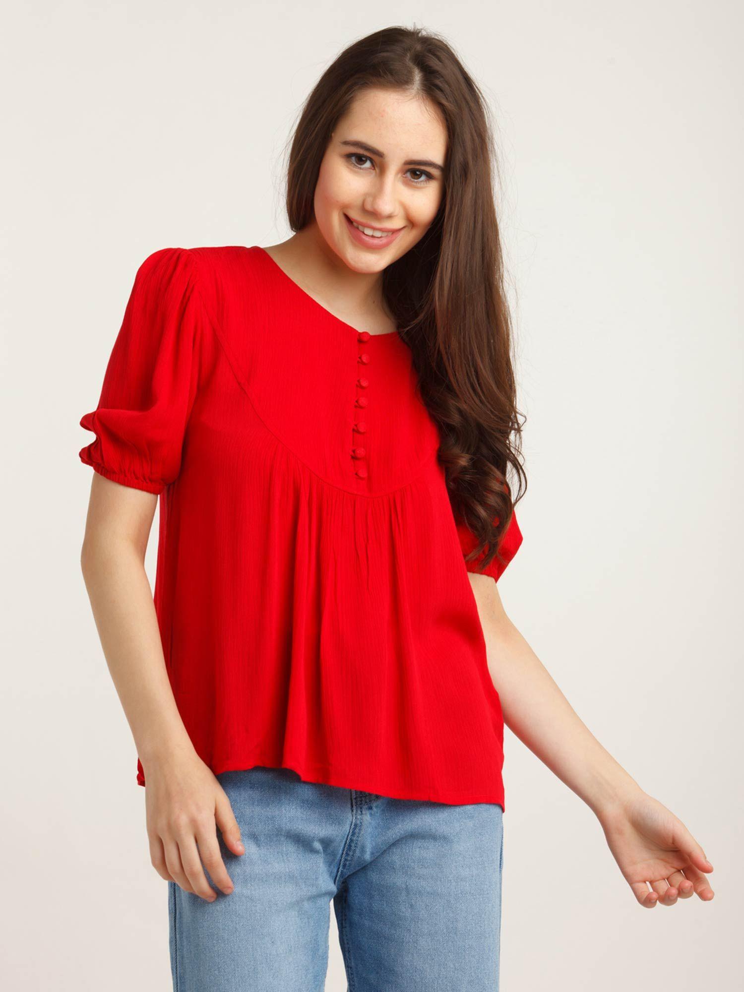 women red puff sleeve top