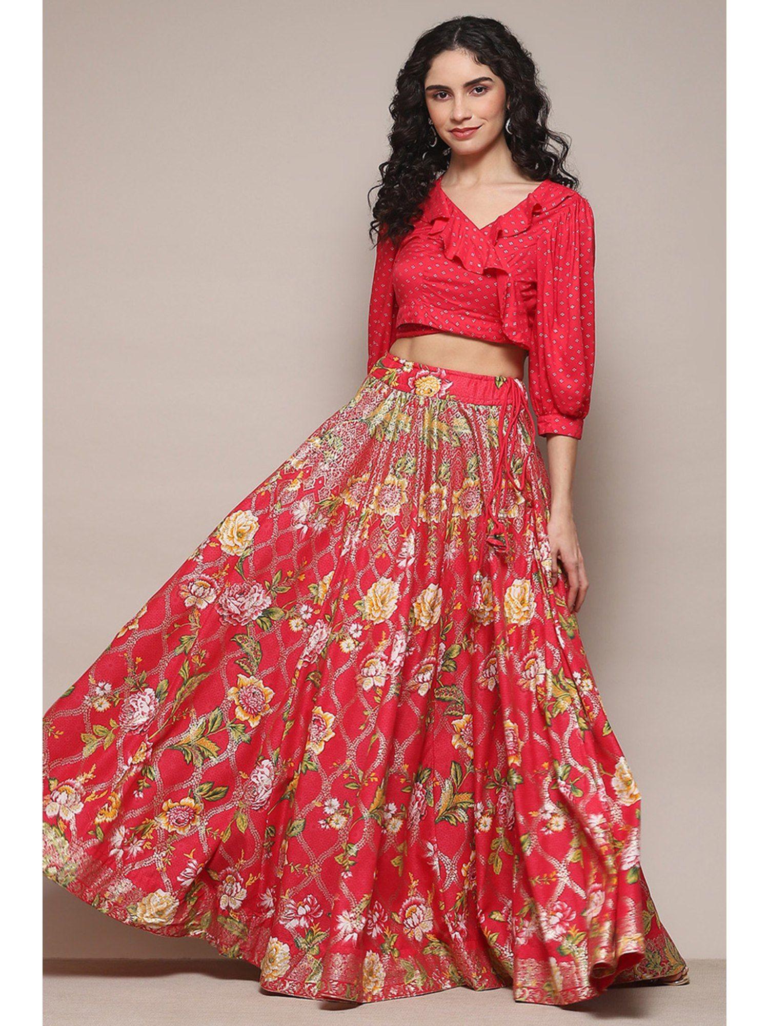 women red rayon a line lehenga with top (set of 2)