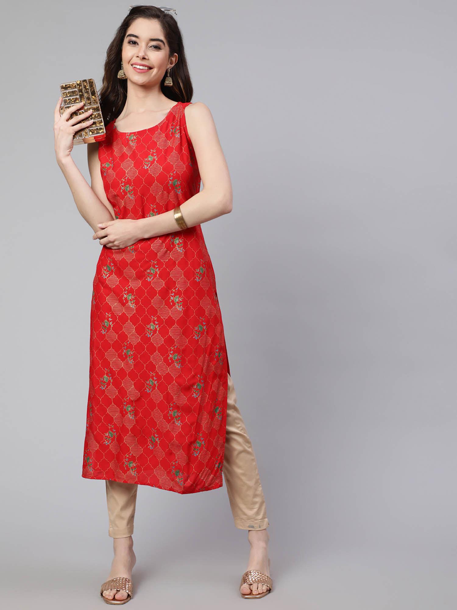 women red rayon floral printed calf length straight kurta